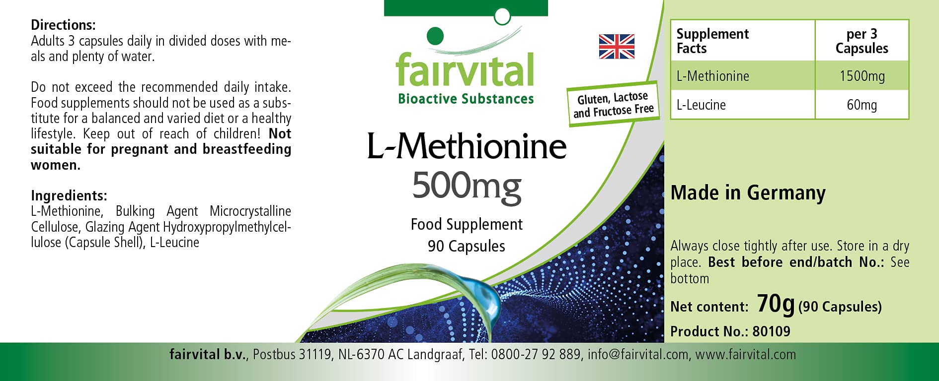 fairvital L-metionina 500 mg, 90 capsule, ALTO DOSAGGIO, VEGANO, aminoacido