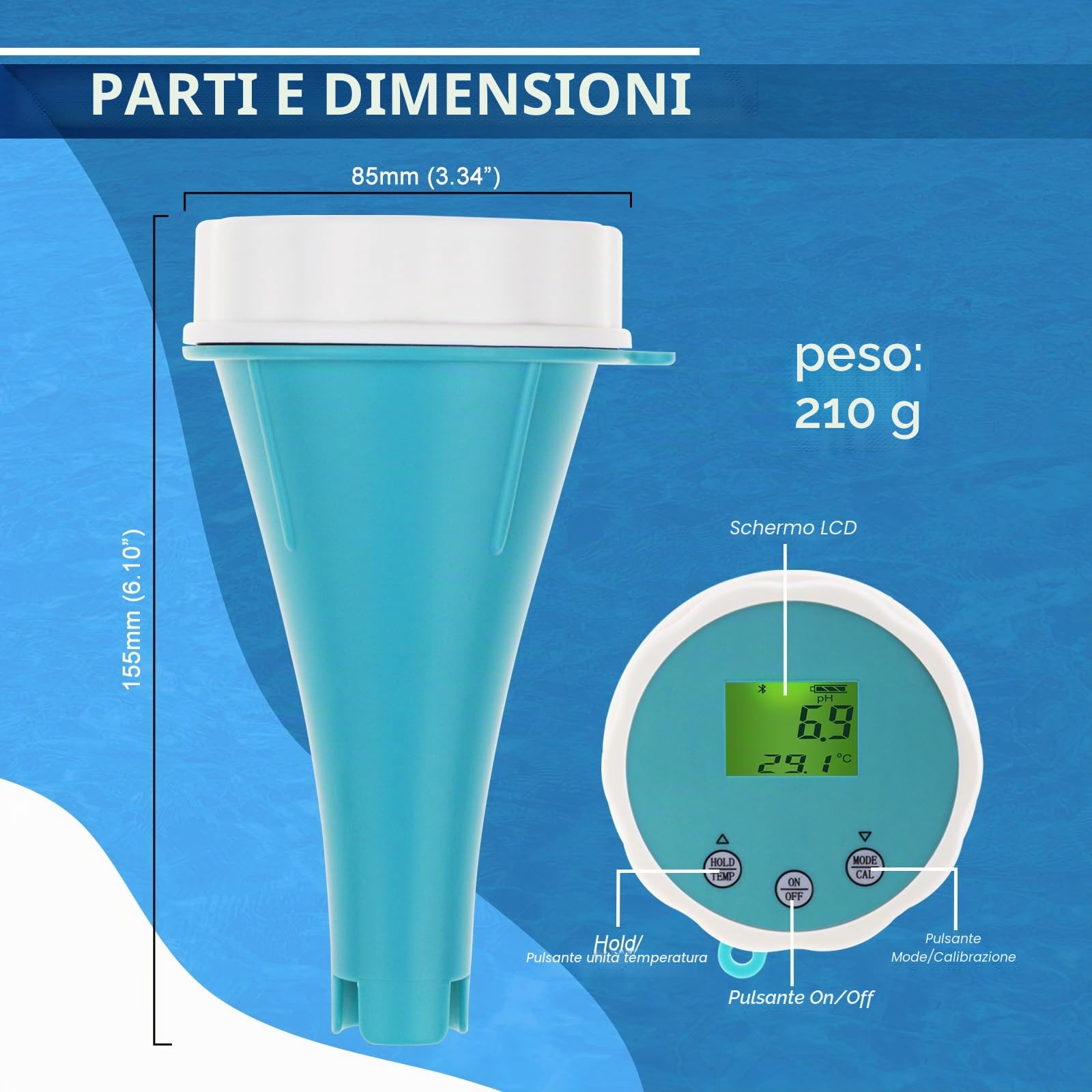 Misuratore di qualità dell'acqua 6 in 1 con Bluetooth e memoria dati per piscina - Misuratore di qualità dell'acqua per cloro, pH, EC (conduttività), ORP, contenuto di sale e temperatura, con app