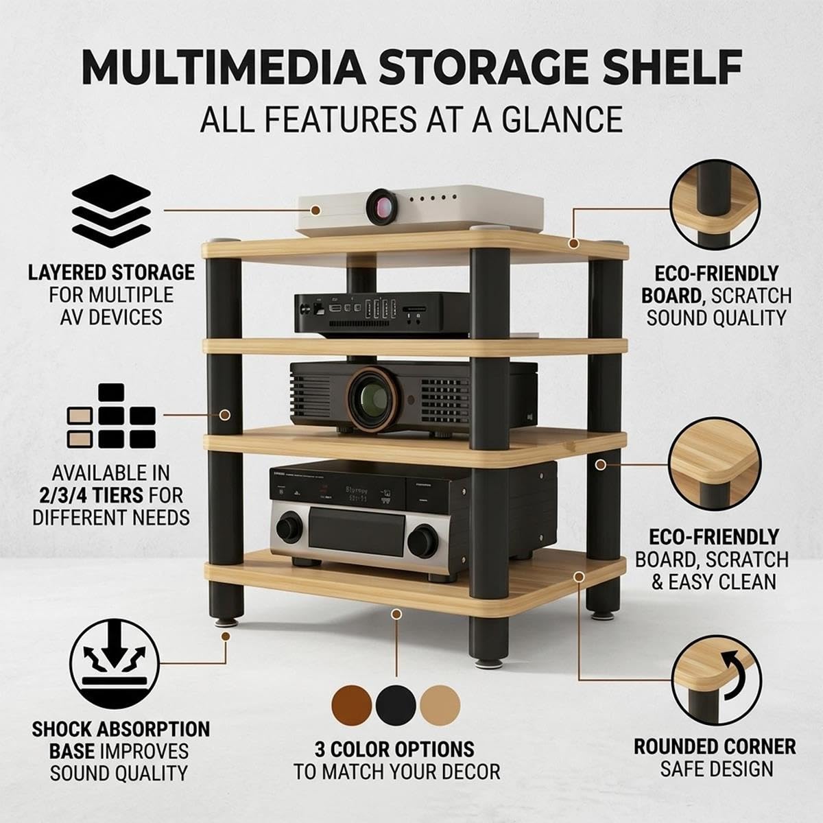 Desktop Audio Rack for Stereo Equipment, 3-Tier Media Stand for HIFI System