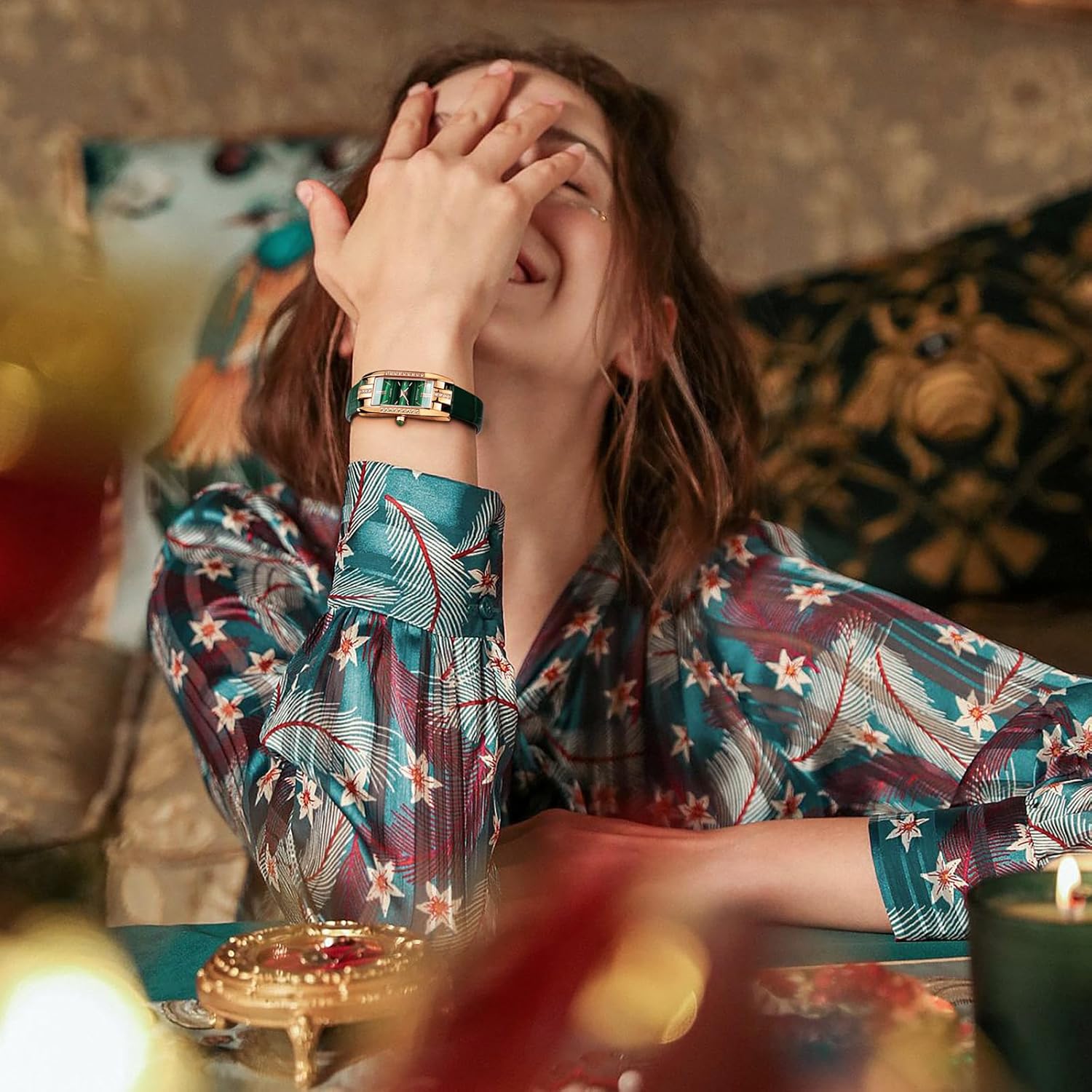 Elegant Women's Watch - Green Dial Leather Strap Rose Gold Case, Quartz AnalogDress Watch, Waterproof Fashion Ladies Wristwatch Gift for Women RW0209S - Image 6