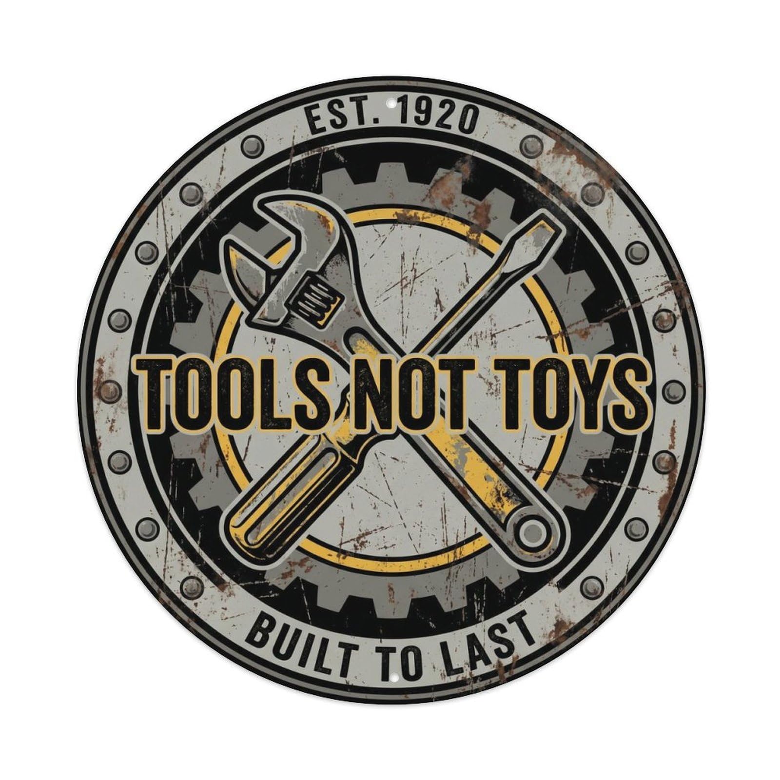 Tools Not Toys Vintage Round Man Cave Retro Slogans Metal Tin Sign Plaque Wall Decor for Cafe, Club, Garden Round Metal Poster 8x8Inch