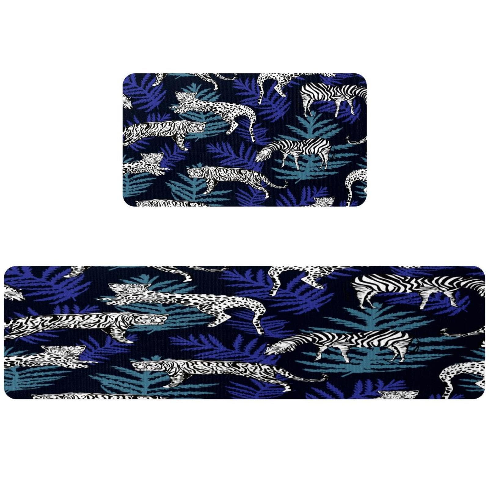 Lot de 2 tapis de cuisine zèbre et léopard noirs et blancs antidérapants