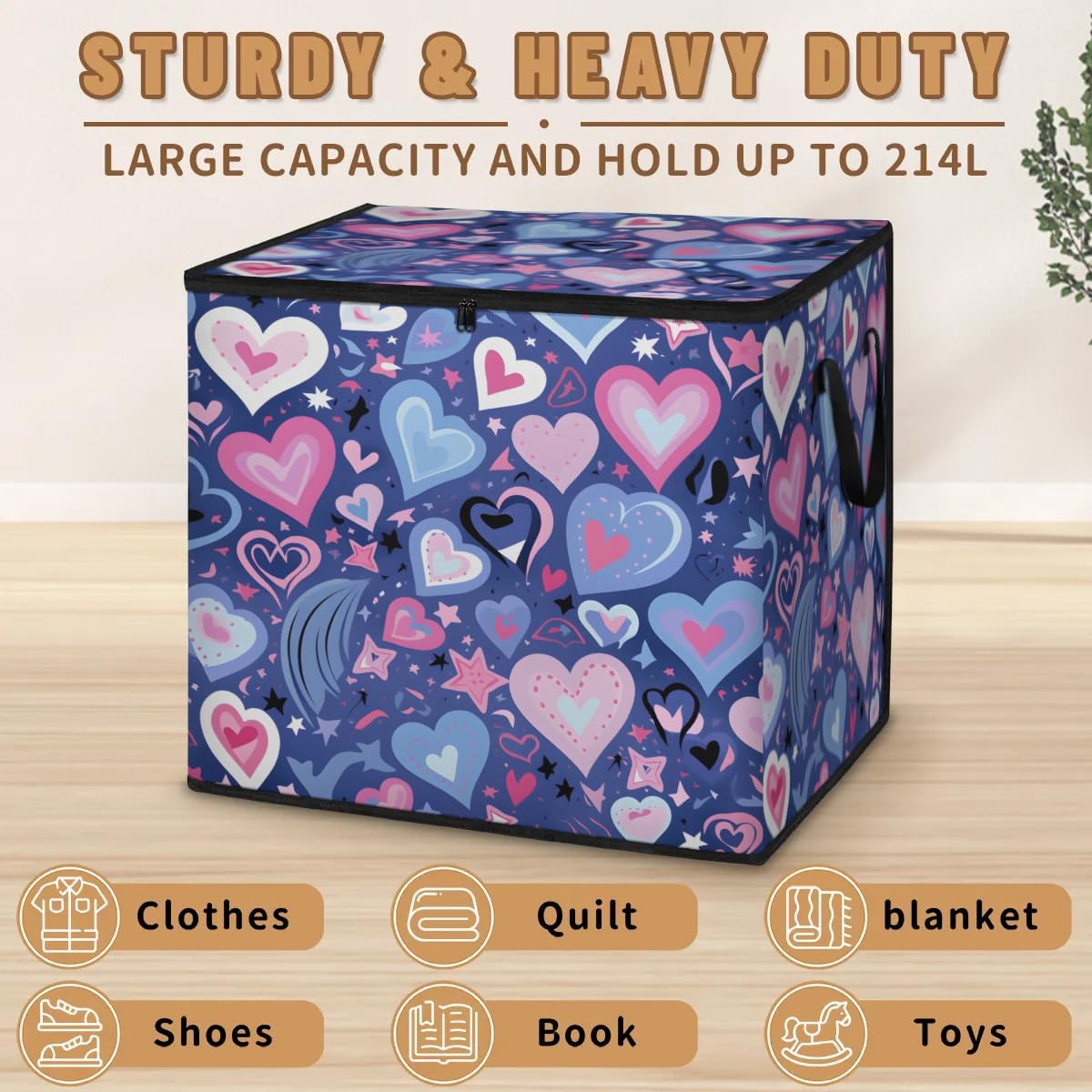 Honeybaby 214L Extra Large Comforter Storage Bag Pattern Valentines Day Storage Totes with Lids Waterproof Closet Organizer Folding Blanket Storage Bags for Clothes Bedding Pillows