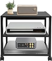 lxrnqcey 3-Tier AV Media Stand with Lockable Wheels - Sturdy Steel Shelf for Speakers, Stereos, Consoles, Record Players (Black, 88 lbs Capacity)