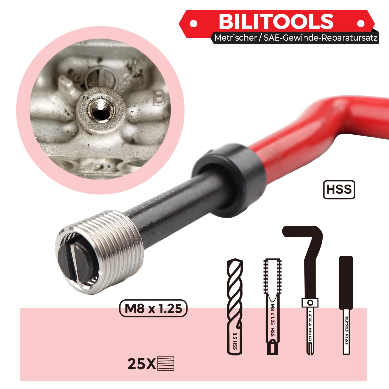 BILITOOLS M8x1,25 Gewindereparatursatz | Helicoil Edelstahl Gewindeeinsätze mit HSS Bohrer & Einbauwerkzeug