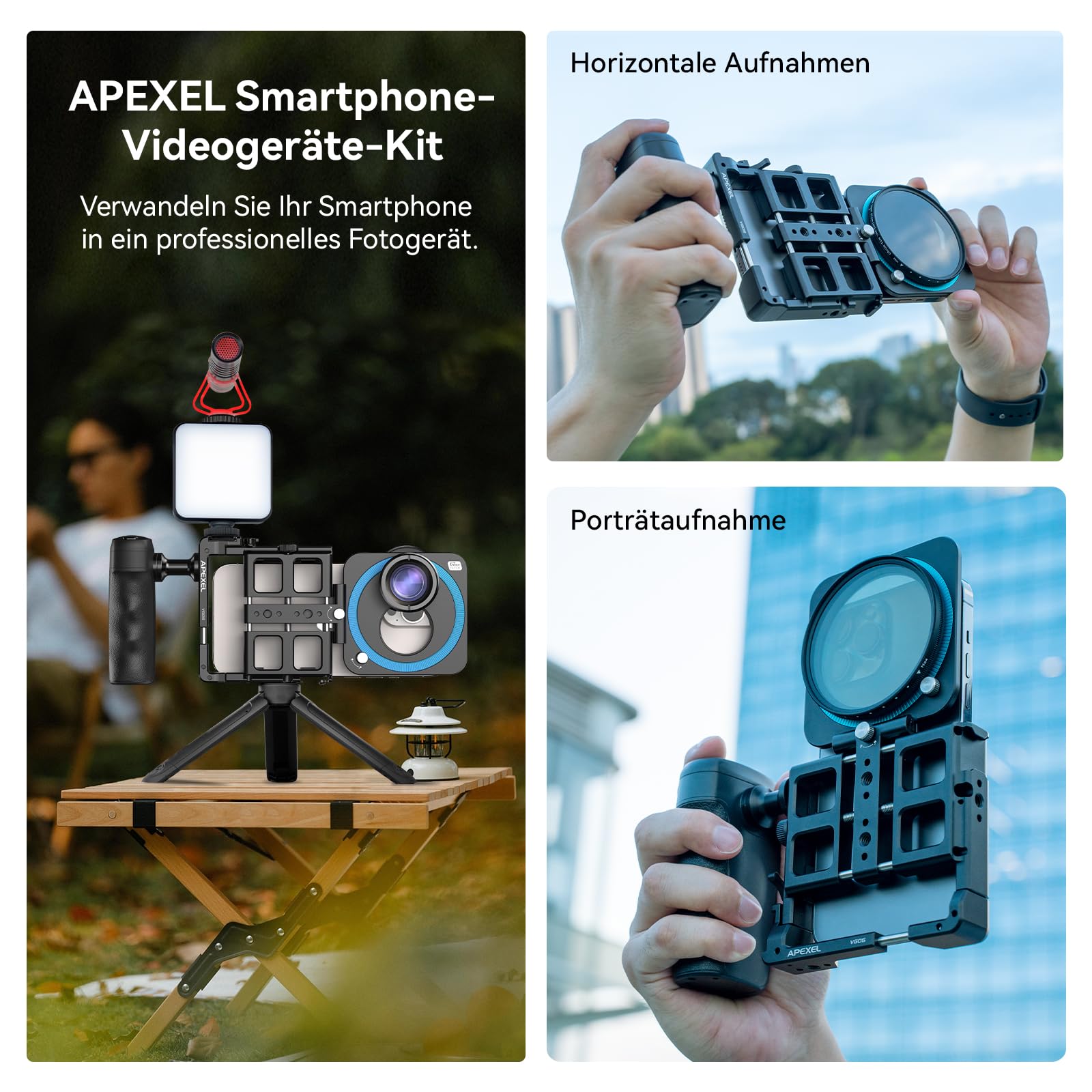 APEXEL iPhone Rig Kit, Smartphone Video Rig mit magnetischem Bluetooth, 2500 mAh-Griff-Ladehülle, 67/37/17 mm Filteradapter, Geeignet für iPhone 16/15/14, und andere Mobiltelefone