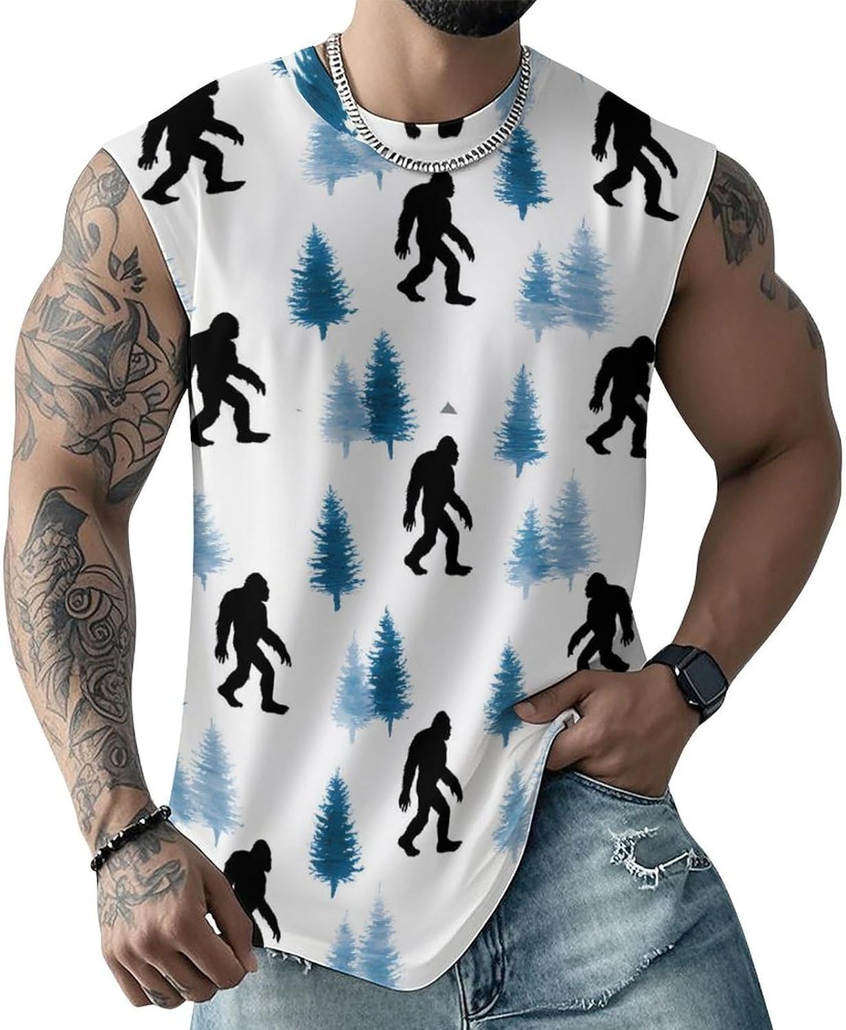 Bigfoot in Forests Men Summer Sleeveless Crew Neck Top 5XL