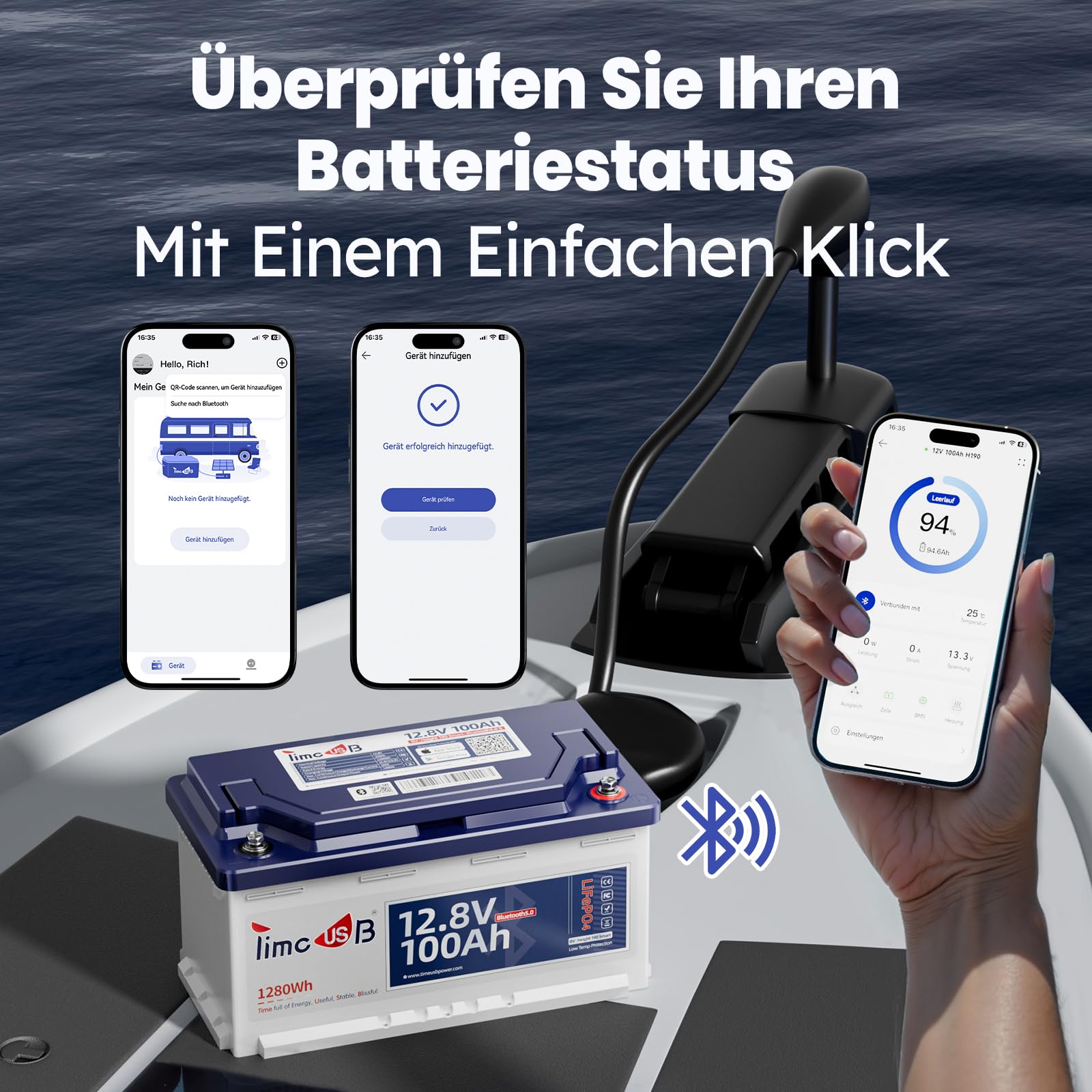 Timeusb LiFePO4 12V 100Ah Batterie Bluetooth H190 für Untersitz Wohnmobil | DIN H8/L5,100A BMS mit Tieftemperaturschutz,1280Wh Tiefzyklus Lithium Akku für RV Campervan Wohnwagen