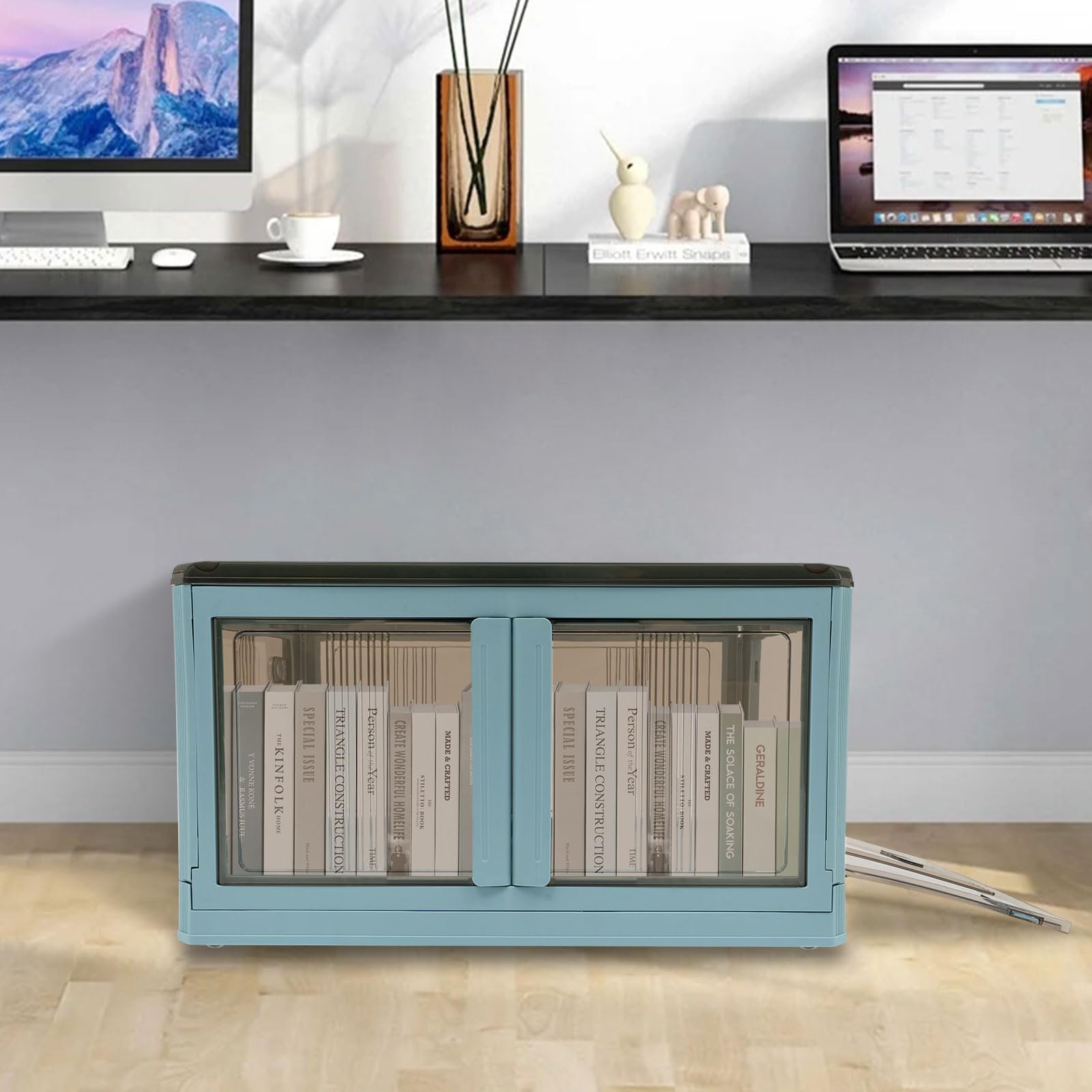 60 x 42 x 34 cm, caja de almacenamiento plegable, apilable, con tapa, transparente, estable, cesta de la compra apilable, cesta de transporte de plástico natural, cesta plegable para habitaciones y