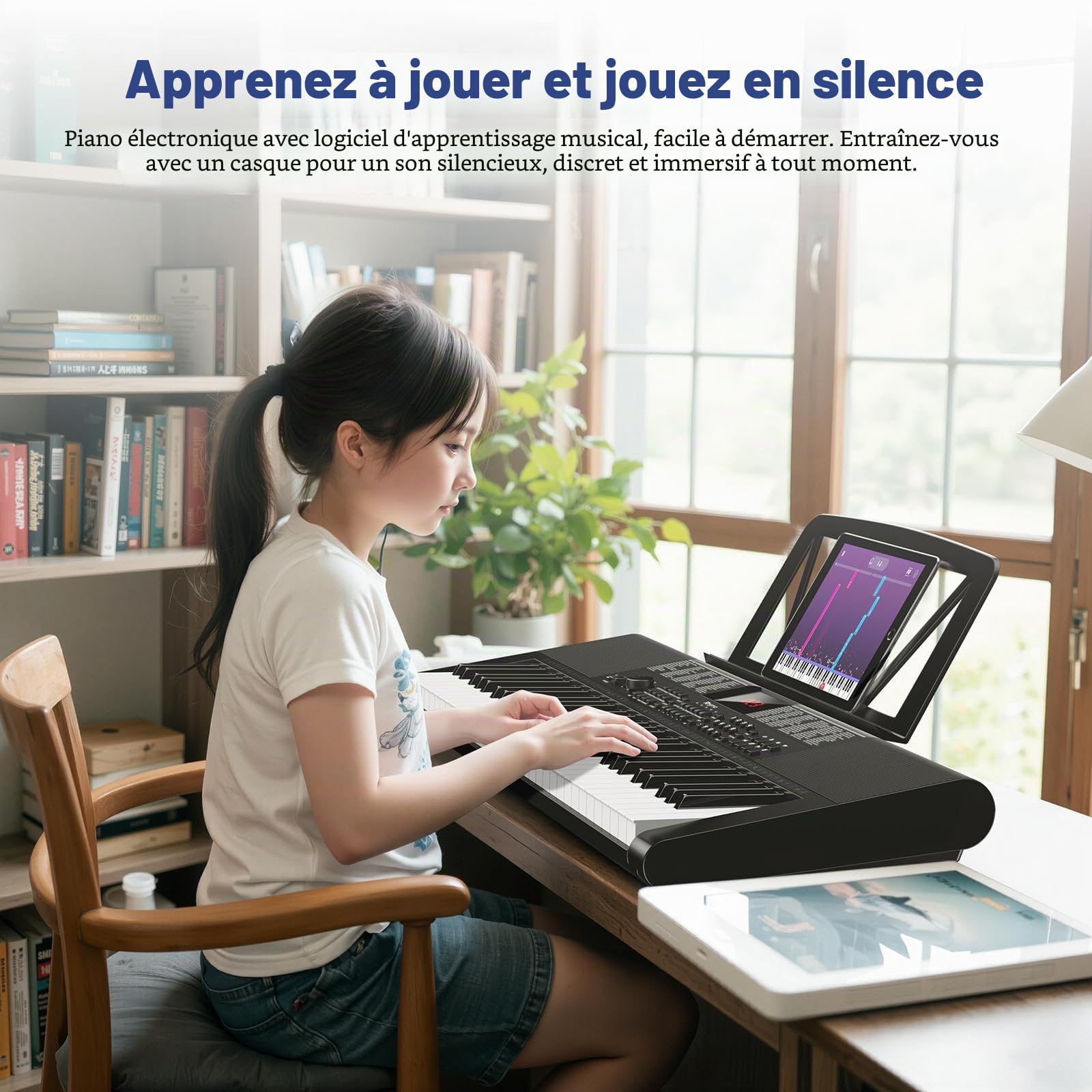 Clavier Piano Électronique 61 Touches pour Enfants et Adultes Débutants - Kit Complet avec Support Partitions, Microphone, 255 Voix/Rythmes, Alimentation USB/Adaptateur, Portable