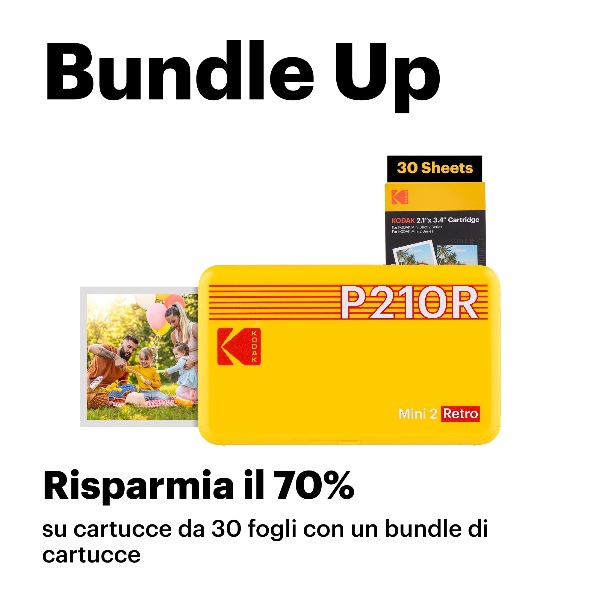 KODAK , Colorato, P210 Mini 2 Retrò, stampante fotografica mobile per cellulare, compatibile con smartphone (iOS & Android), Bluetooth, 54 x 86 mm, tecnologia 4Pass, laminazione, 68 fogli, giallo