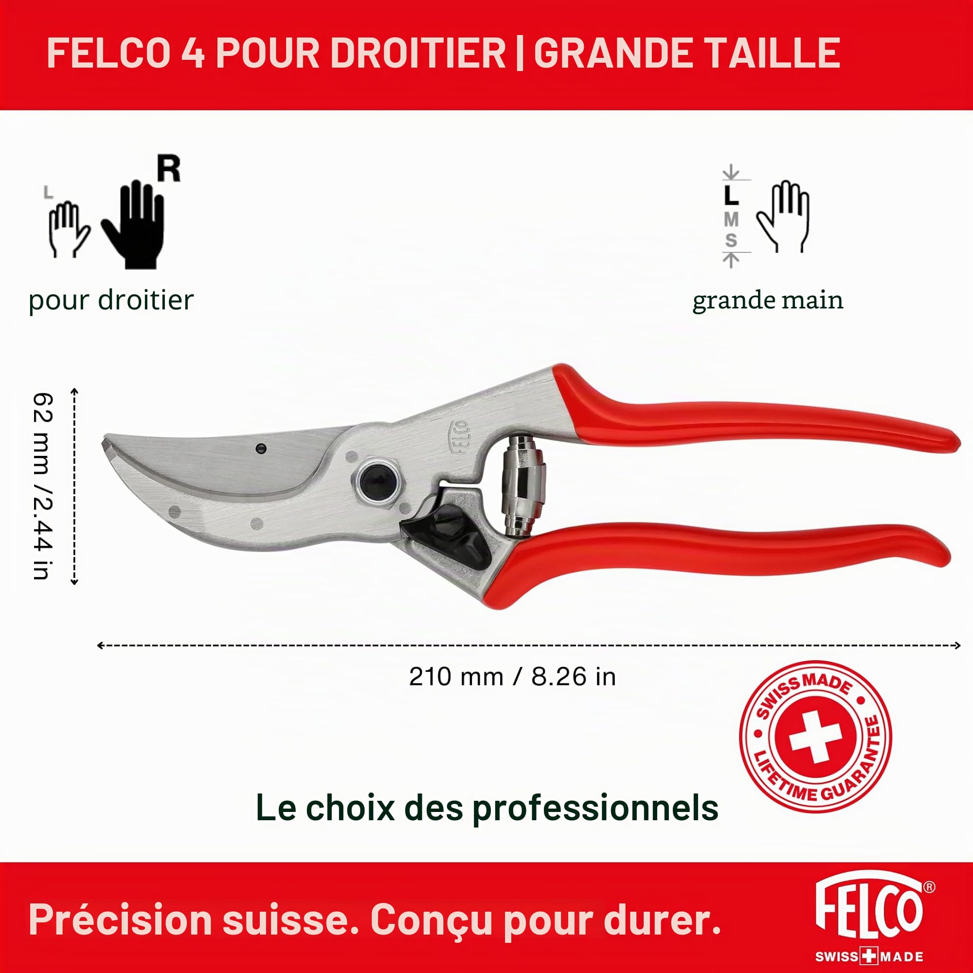 FELCO 4 sécateur droitier grandes mains, taille intensive, coupe 25 mm | Sécateur robuste à lame acier trempé 45 mm, pour un usage quotidien exigeant au jardin et au verger. Swiss Made.