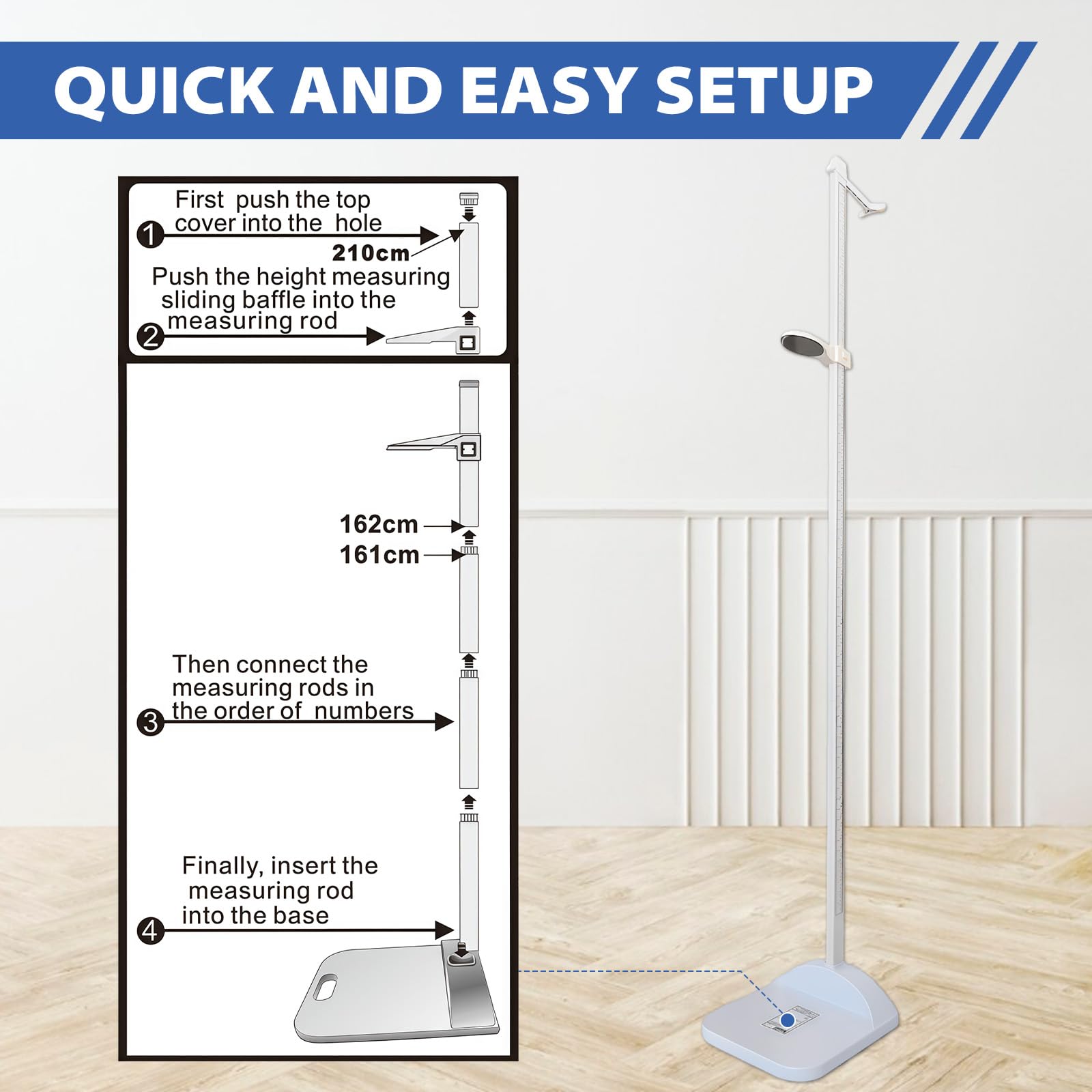 Stadiomètre Portable 20 à 210 cm, Barre de Mesure de Hauteur avec Double Affichage Gradué, Altimètre Numérique Amovible, Toise de Mesure Taille Médicale Jauge de Hauteur pour la Maison, L'école