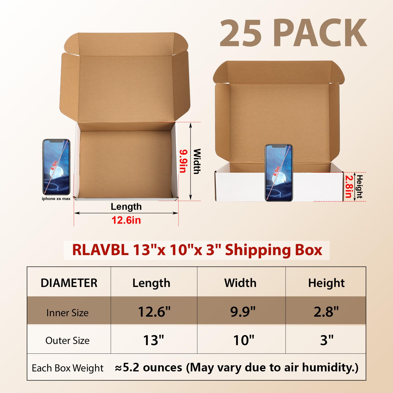 RLAVBL Juego de 25 cajas de envío de 13 x 10 x 3 pulgadas, caja de cartón corrugado blanco para embalaje, correo, negocios