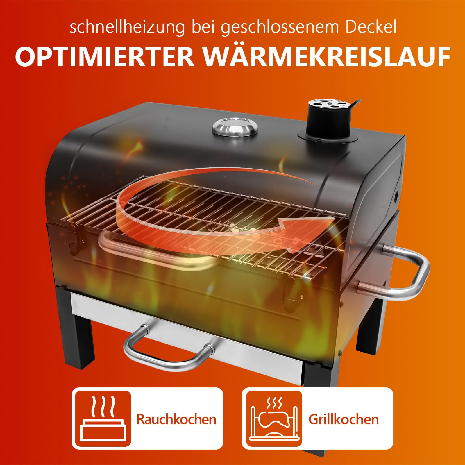 Holzkohlegrill mit Deckel und Thermometer, Grillrost 48 x 32 cm | Tragbarer Tischgrill mit Ascheschale, bbq grill für Outdoor Camping Picknick