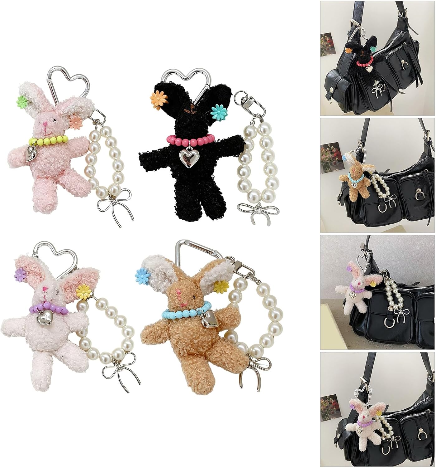 Plush Rabbits Keychain with Pearls Hair Clip, Soft PP Cotton Bag Charm for Backpack Purse Phone Accessory Stylish Pearls Hair image 2