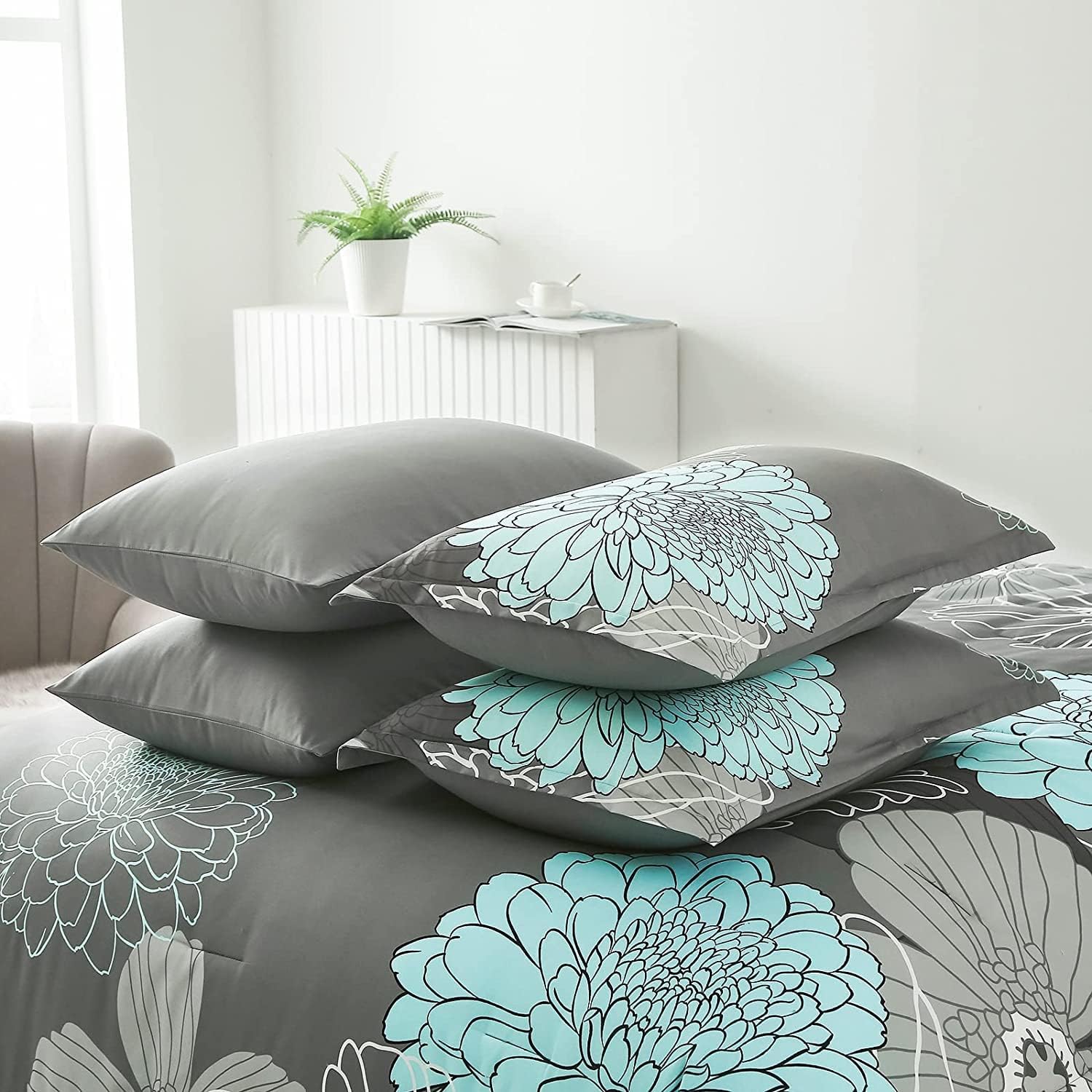 Yiran California King Comforter Set Grey Floral Comforter for All Season Cal King Soft Microfiber Bedding Set,7 Pieces,104"x96"