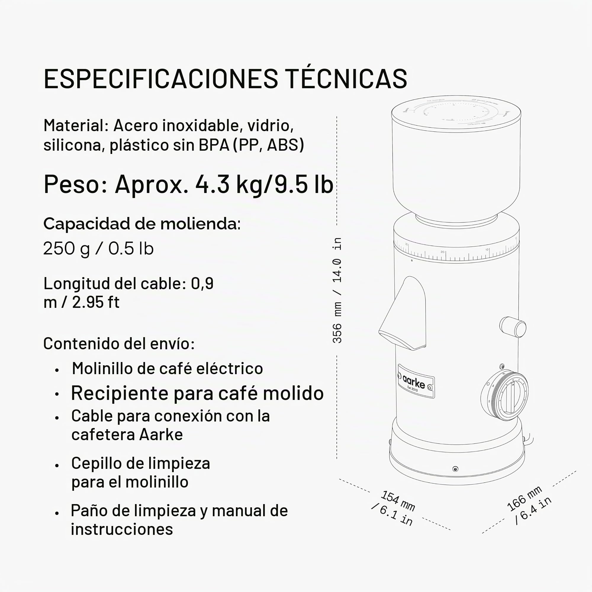 Molinillo de café eléctrico Aarke: molinillo de café de acero inoxidable con nivel de molienda ajustable, discos de molienda de 64 mm, dosificación automática y función de memoria, para espresso.