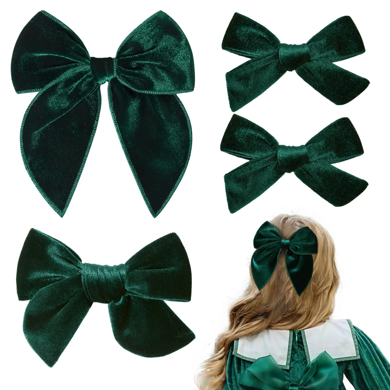 DEEKA 4 PCS Dark Green Velvet Hair Bows 3 Styles 5" & 4" Handmade Hair Bow set for Toddler Girls Alligator Hair Clips Knot Bows Hair Accessories for