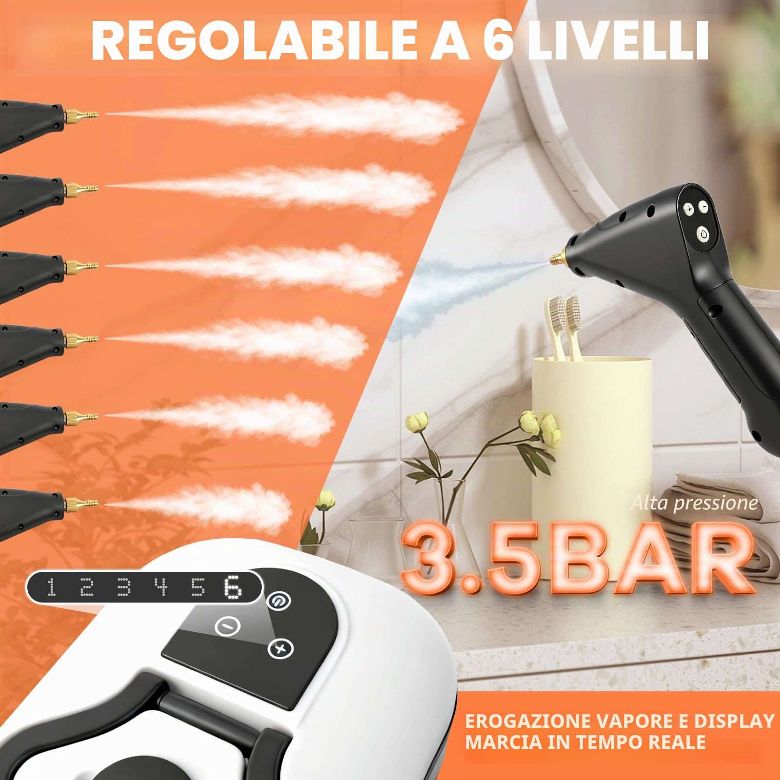 Pulitore a Vapore, Pulitore a Vapore Portatile Multiuso da 2500W con 6 Velocità Regolabili, Serbatoio 1200 ml, Steam Cleaner per Grasso Cucina, Piastrelle Bagno, Vetri, Divani auto (Bianco e nero)