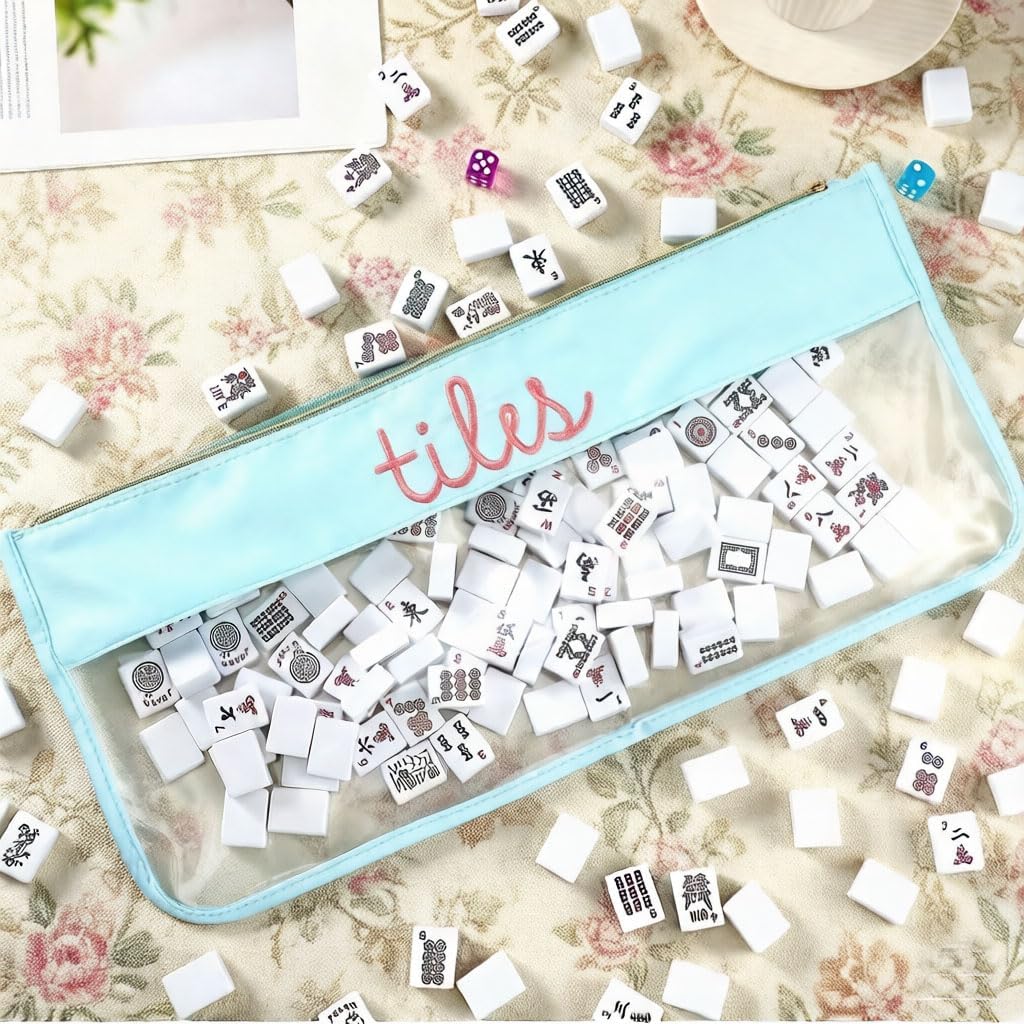 American Mahjong Tiles Storage Bag, Empty Carrying Case with Zipper & Letter Label, Fits 166 Tiles, Blue Mahjong Travel Organizer (No Tiles Included)