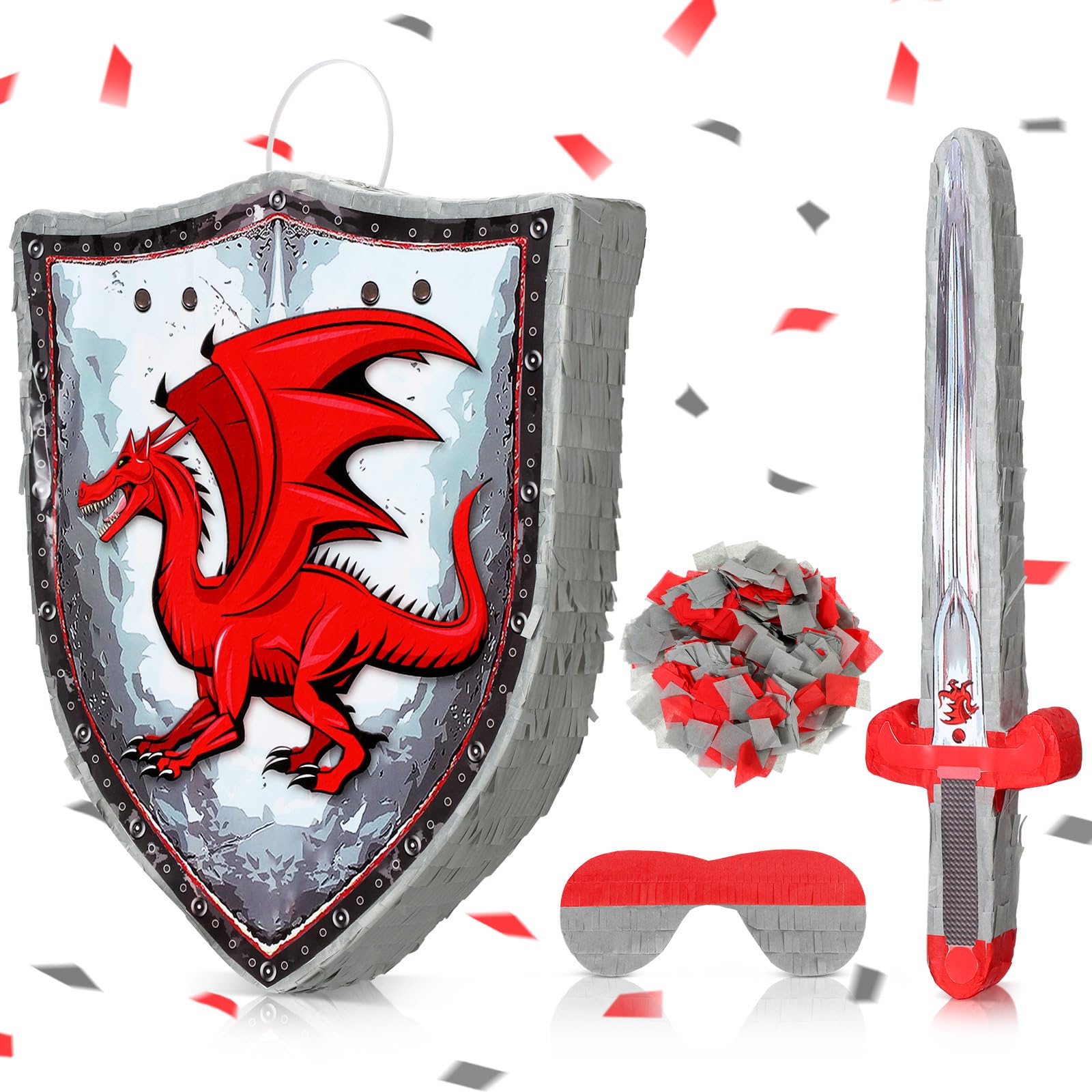 Leyndo Lot de 4 piñata de fête de Noël sur le thème du dragon rouge avec bouclier festif, bandeau pour les yeux, épée médiévale chauve-souris et confettis pour enfants, décorations de fête de Noël,