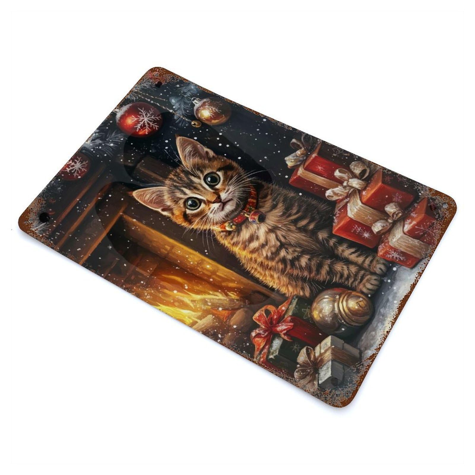 Kitten by The Fireplace Aged Metal Wall Plaque 11.8"x7.9", Farmhouse Wall Decor for Office, Studio And Wall Decor