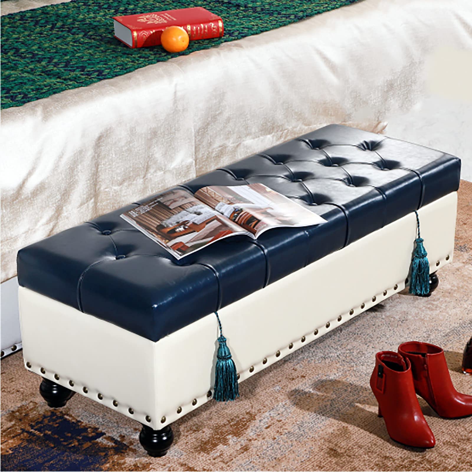 Ottoman en similicuir avec rangement crème et bleu 80x40x42cm