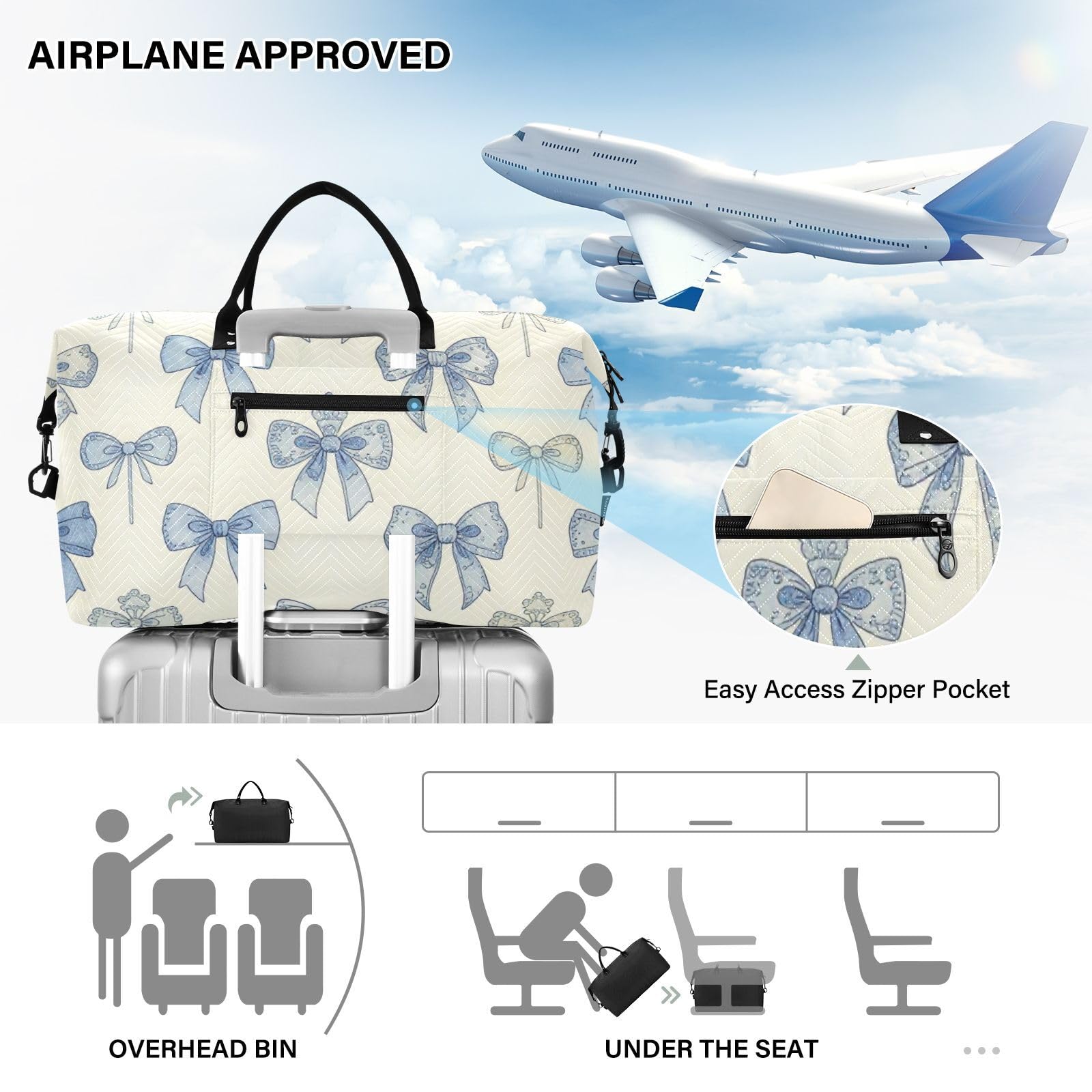 Reisetaschen-Set, 2-teilig, durchgehende Reißverschlussfächer, praktisch für Reisen, Bow Bluevbossed, One Size, Klassisch