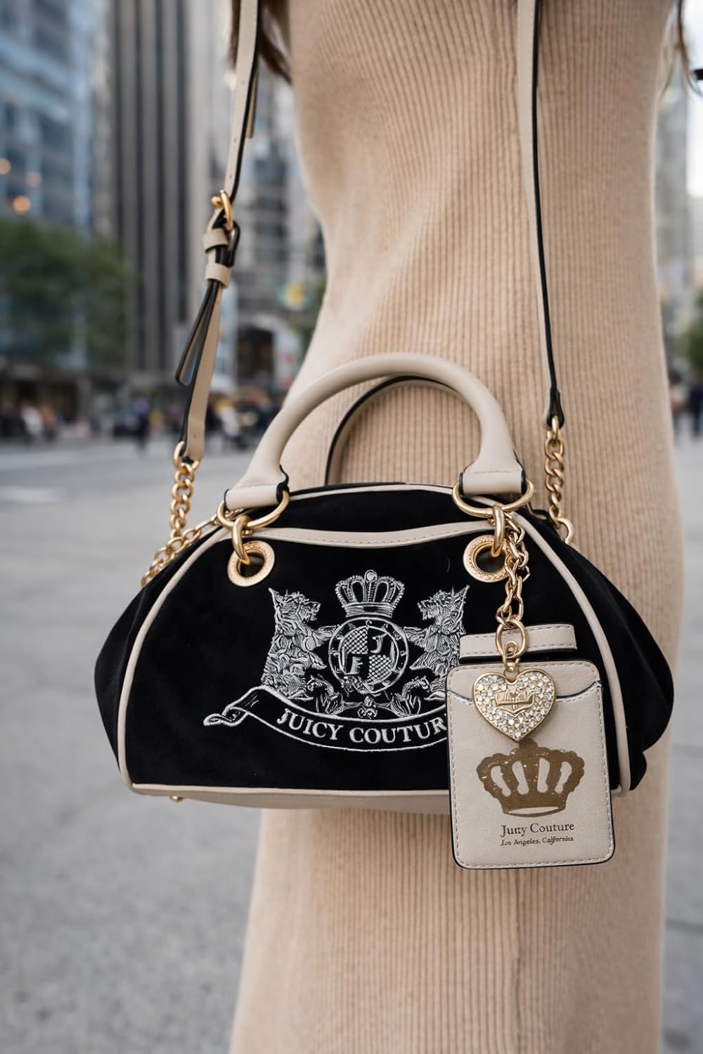 Juicy Couture Women’s Classic Scottie Dogs Velour Satchel Handbag with Heart Charm & Chain Strap