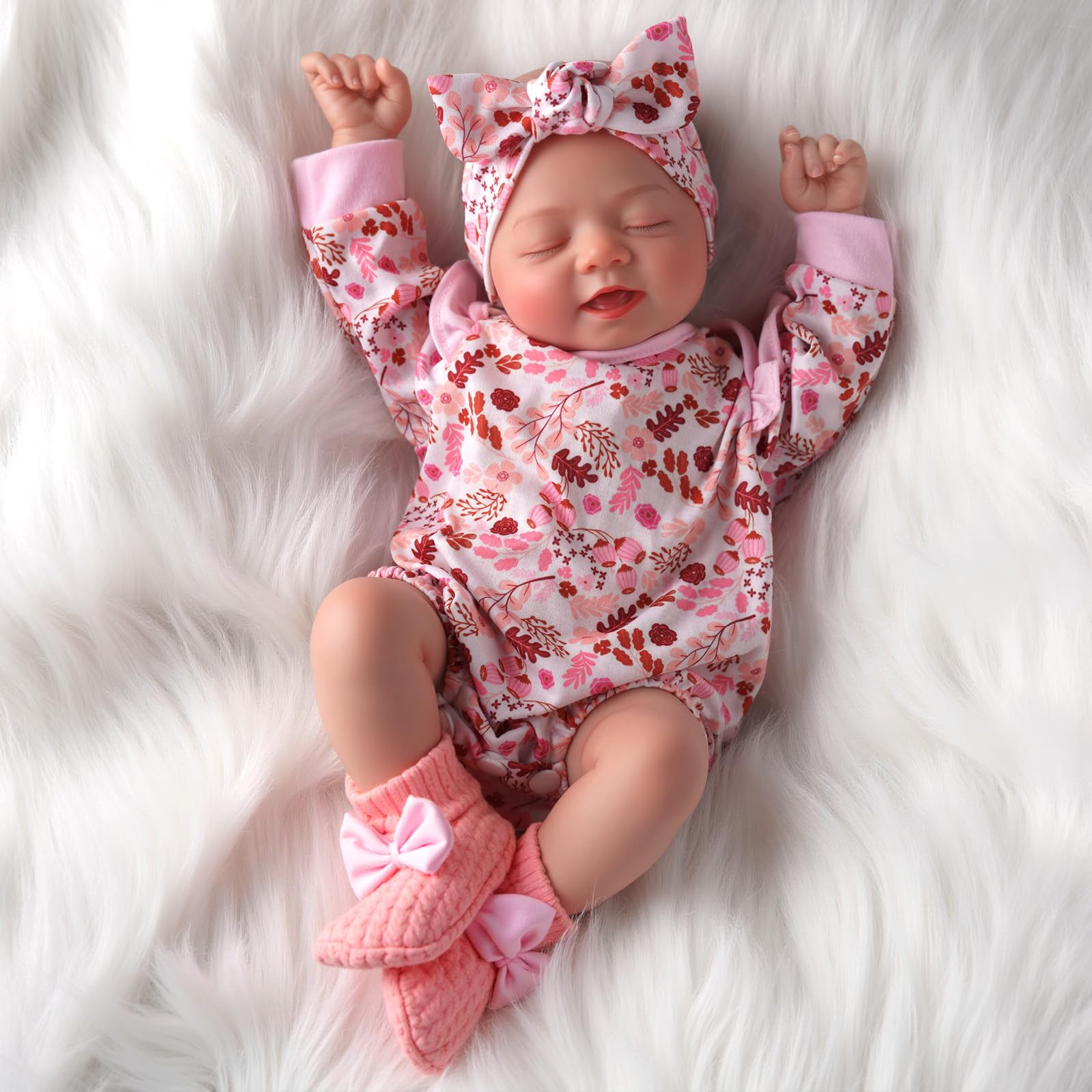 BABESIDE Lebensechte Reborn-Babypuppen 43 cm Realistische Schlafende Neugeborene-Puppe, Handgemachte echte Babypuppe mit rosa Blumenkleidung und Spielzeugaccessoires, Geschenk für Kinder ab 3 Jahren
