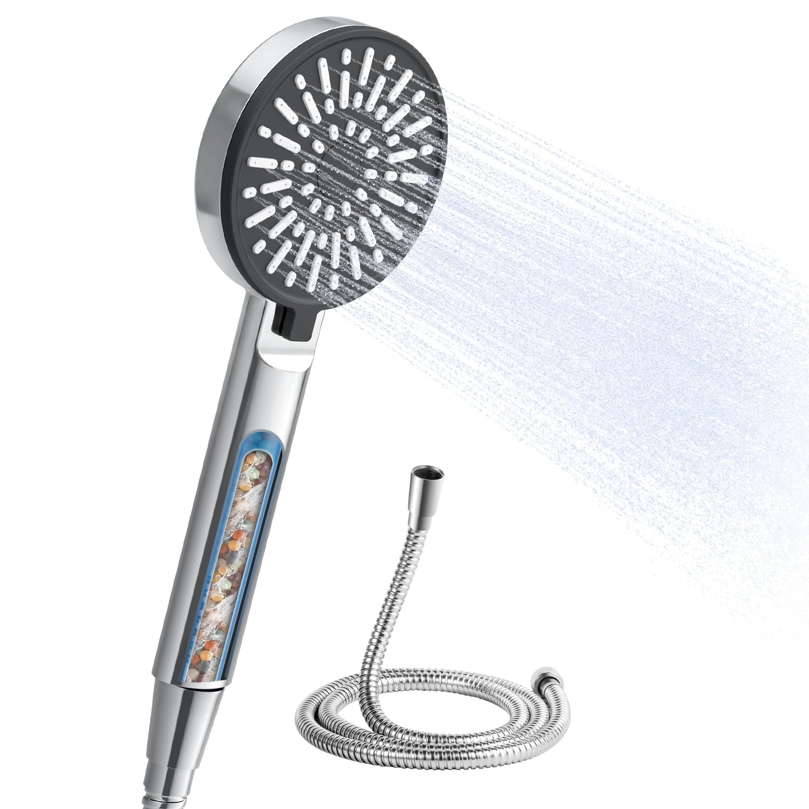 OFFO Filter Shower Head with 1.6m Hose, 3 Spray Modes Handheld Shower Head with Replaceable Cartridge for Water Purification, Chrome