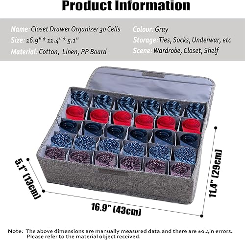 Miniatura 2 de AARAINBOW Organizador de almacenamiento para ropa interior, calcetines, corbatas, con tapas, organizador plegable de cajones de armario, 30 celdas,