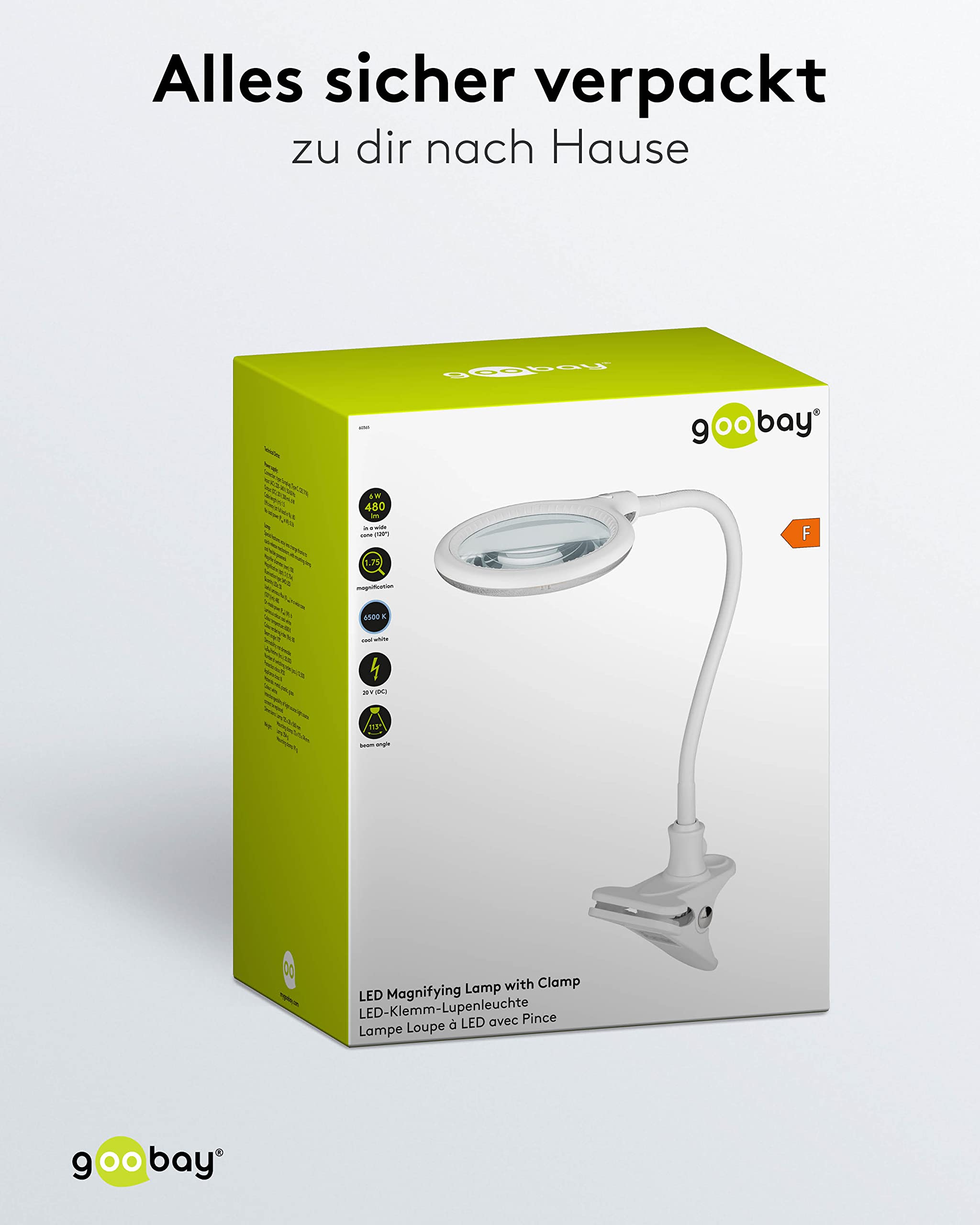 goobay 60365 Lampada di ingrandimento LED con pinzetta/lampada ingrandimento in plastica / 6W consumo/temperatura di colore 6200K / flusso luminoso 480lm / tensione di servizio 230V (AC) / bianco
