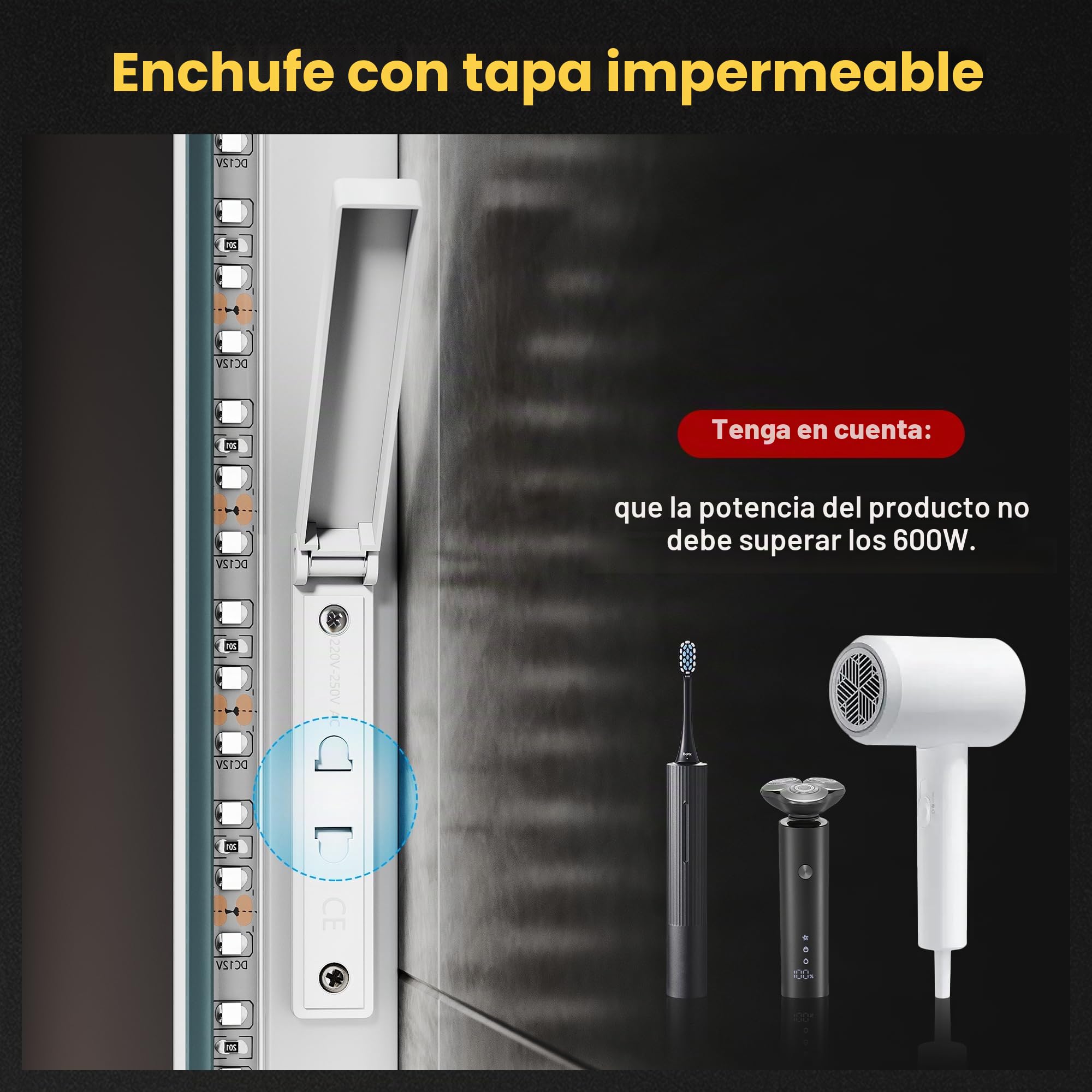 SONNI Espejo de baño LED con Bluetooth 100x60 cm, espejo de baño con iluminación y táctil, enchufe, 3 colores de luz, función antiempañamiento y de memoria, 3 aumentos