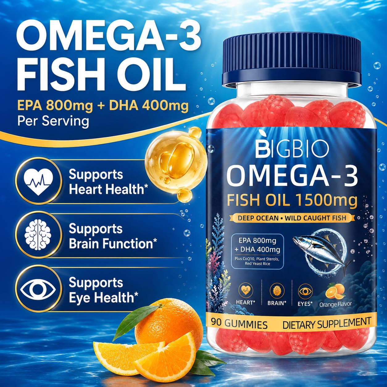 Omega-3 Fish Oil Gummies 1500mg for Adults, Triple Strength EPA & DHA with CoQ10, Red Yeast Rice, Bergamot & Antioxidants, Wild-Caught, Sugar-Free, Burpless, Heart & Brain Support, 90 Count — Amazon image 2