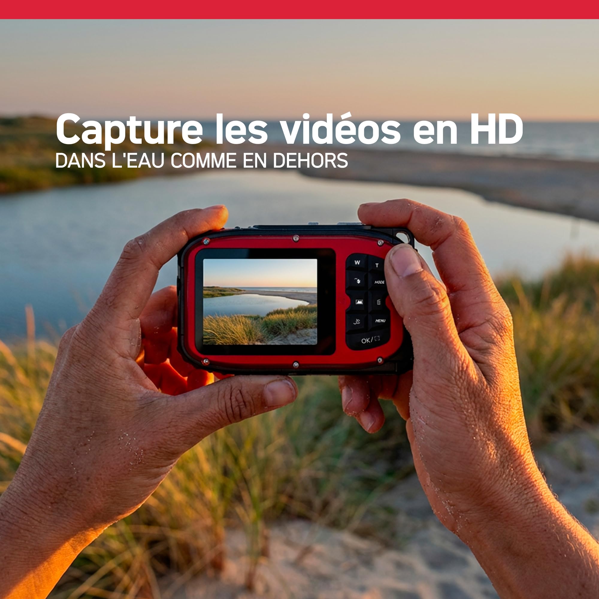 AGFAPHOTO Realishot WP6000 - Appareil Photo Numérique Étanche, 3m/10ft, 18 MP, Vidéo HD, Écran LCD 2.4", Zoom Digital 16x, Autofocus, Miroir Selfie, Batterie Lithium - Rouge