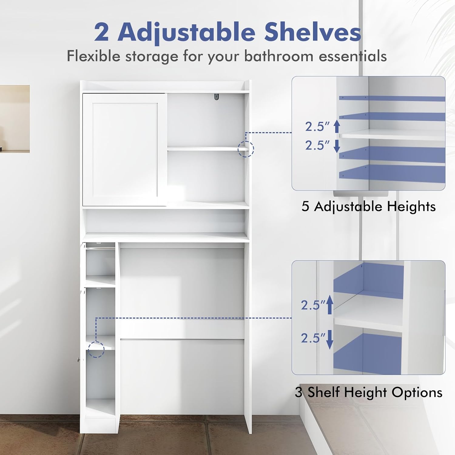 Tangkula Over The Toilet Cabinet, Freestanding Bathroom Space Saver with Sliding Door, Adjustable Shelves, Toilet Paper Holder, Modern Bathroom Cabinet Above Toilet for Restroom, Laundry Room (White)