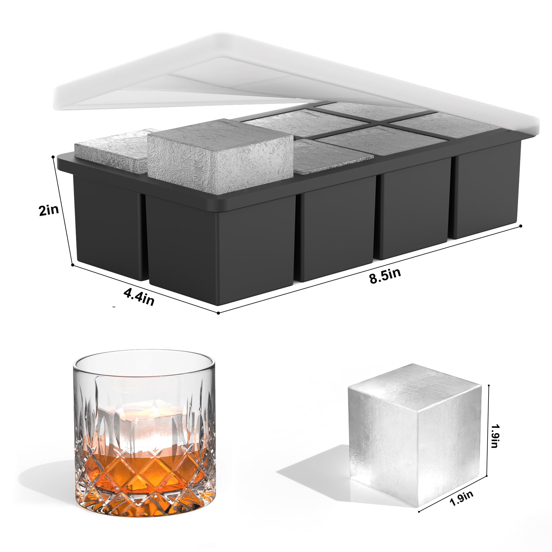 Bangp Eiswürfelformen aus Silikon (2er-Set), metallverstärkter Rahmen, große quadratische Eiswürfelform mit Deckel, leicht zu lösen, für 16 riesige Eiswürfel für Whiskey-Cocktails