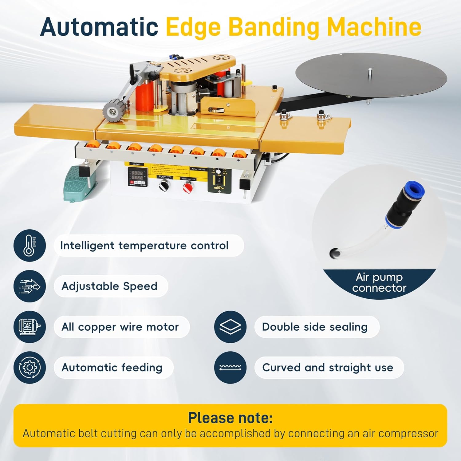 Woodworking Edge Banding Machine for Curve/Straight Edge, Auto Tape Breaking, Dual-Side Glue Application, Microcomputer Control, Adhesive Capacity 1000ml, Adjustable Speed 5–10m/min, 110V