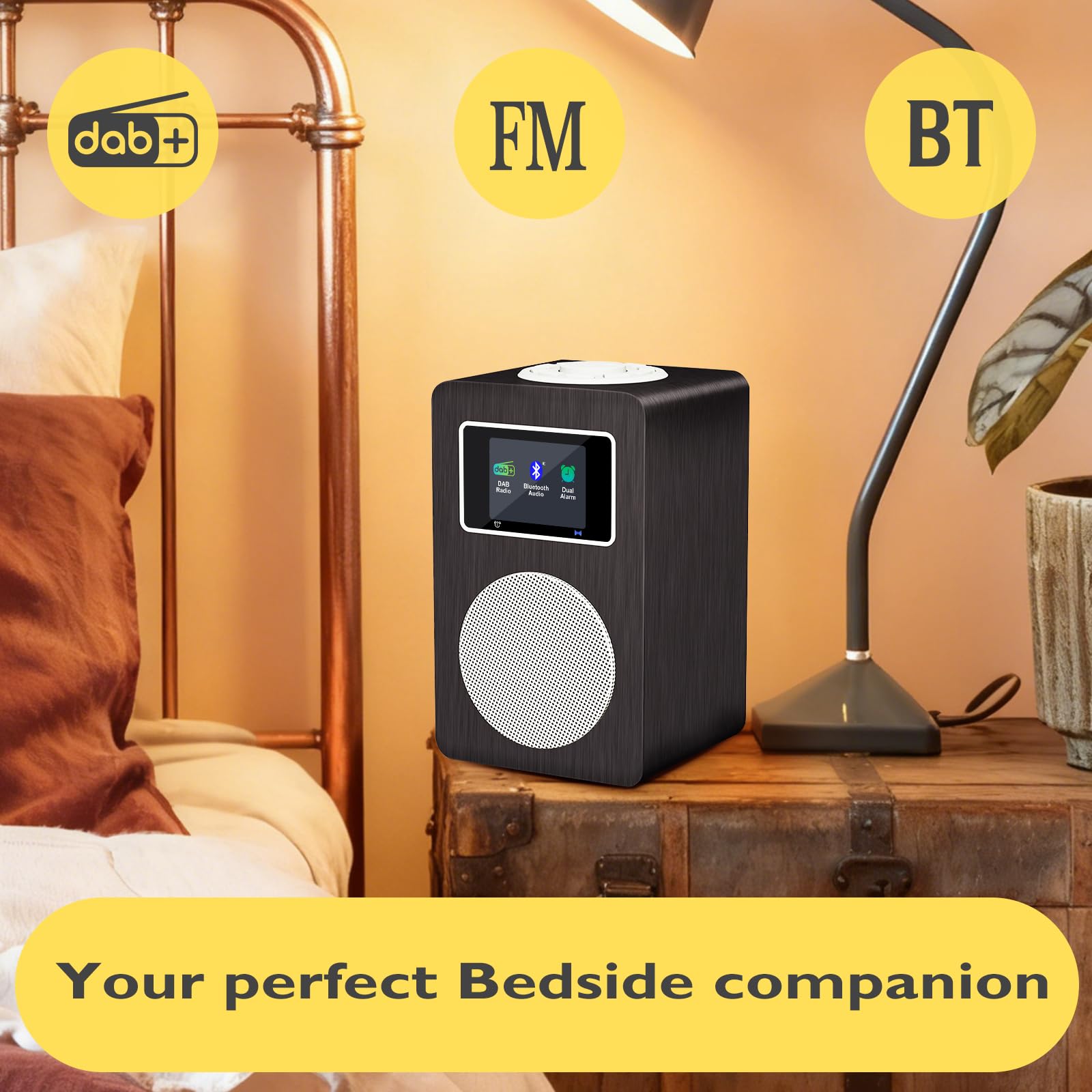 Radio Dab MD4, Radio Dab Plus avec Haut-Parleur Bluetooth, Radios FM de Cuisine Secteur et Batterie,écran Couleur,Double Alarme,Port pour Casque,Boîte en Bois-Finition Gris Métallisé