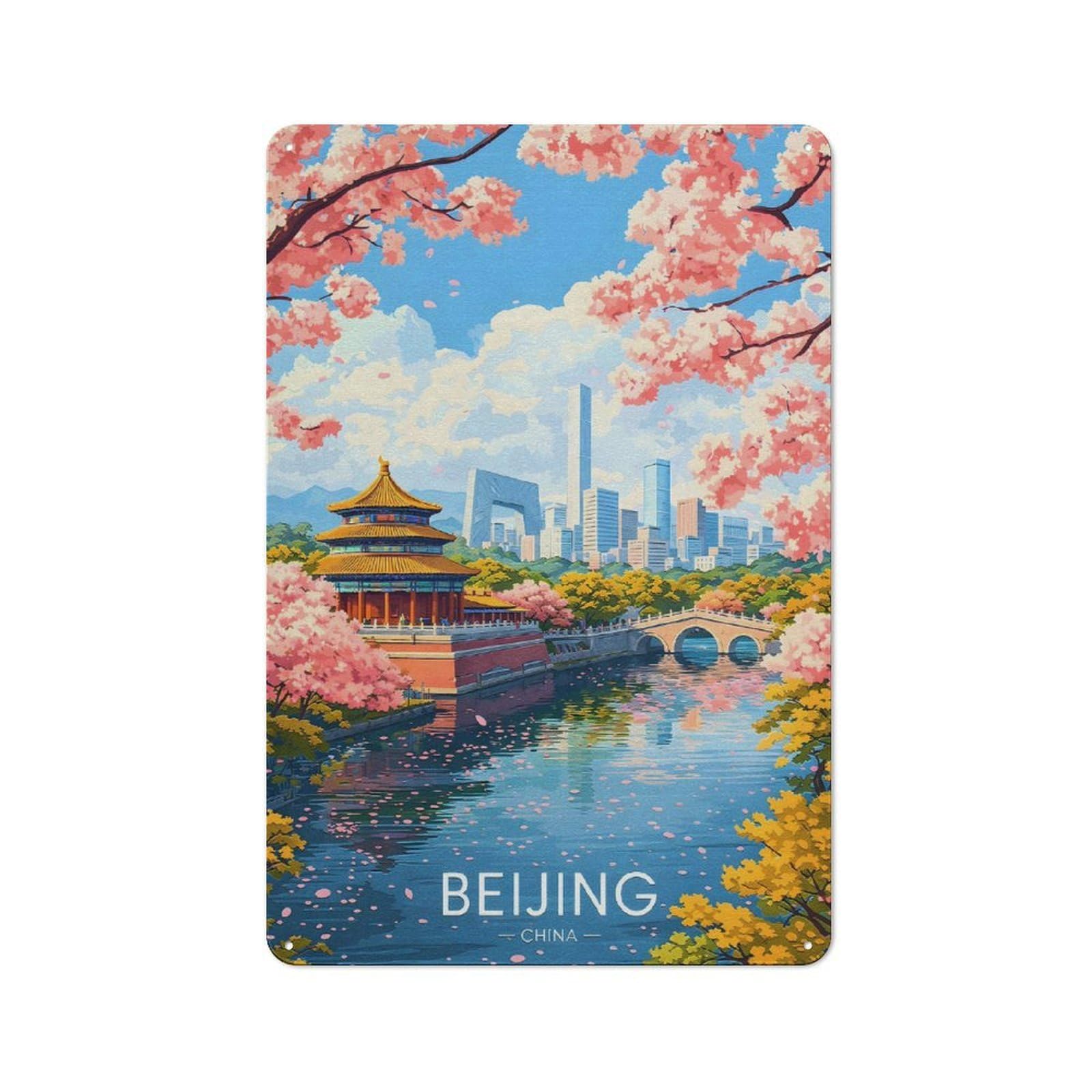 Junmoney Style-13 Beijing Cityscape With Cherry Blossoms Tin Sign 30X20cm For Home Bar Wall, Vintage Wall Decor, For Garage, Workshop And Man Cave Decoration