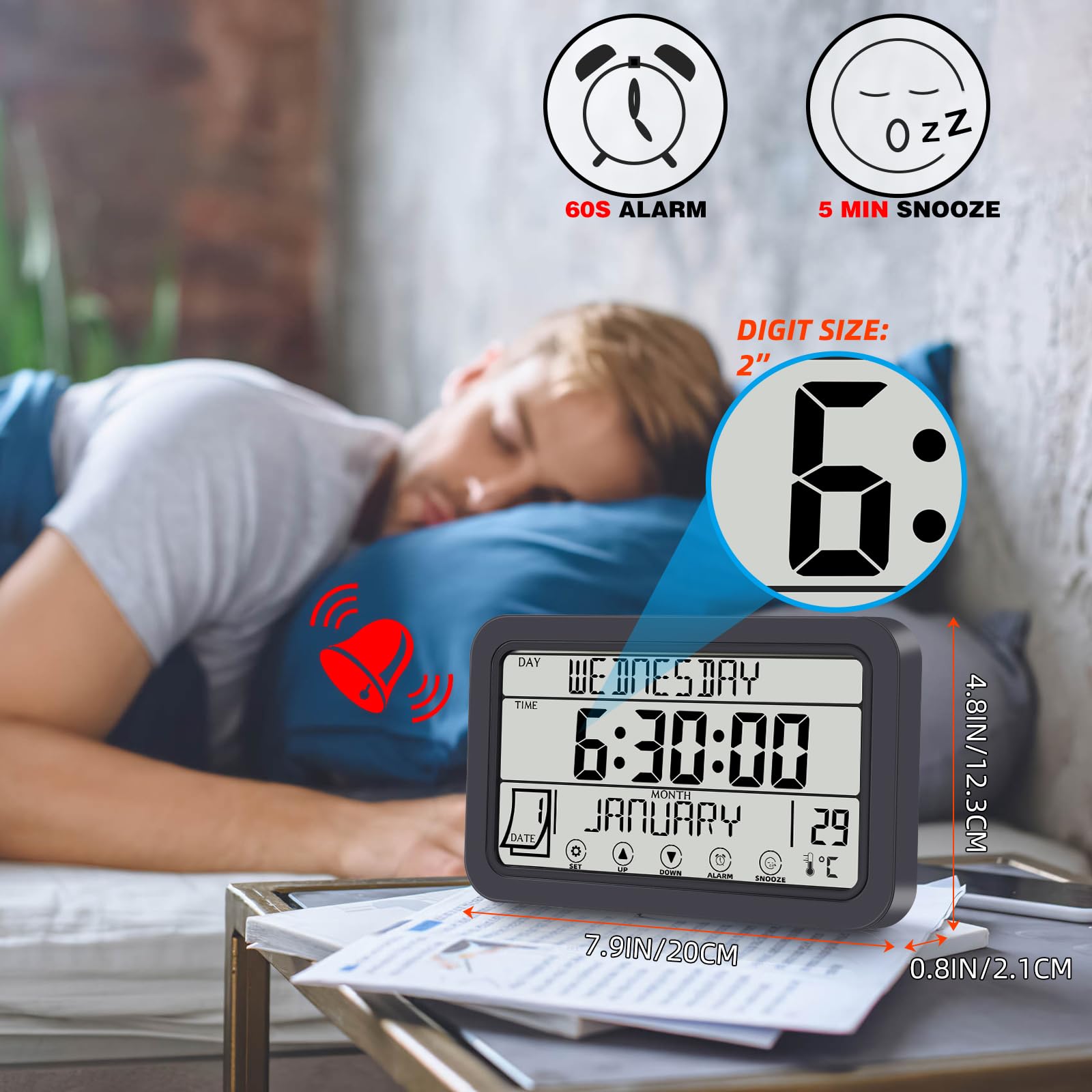 Fuloon Orologio Digitale Calendario Wireless, Grandi Cifre Orologio da Parete con Sveglia e Termometro per Anziani, Orologio Touch Screen Multilingue