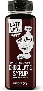 Date Lady Organic Date-Sweetened Chocolate Syrup - Vegan, Dairy-Free, Kosher, 17oz Squeeze Bottle for Ice Cream & Pancakes