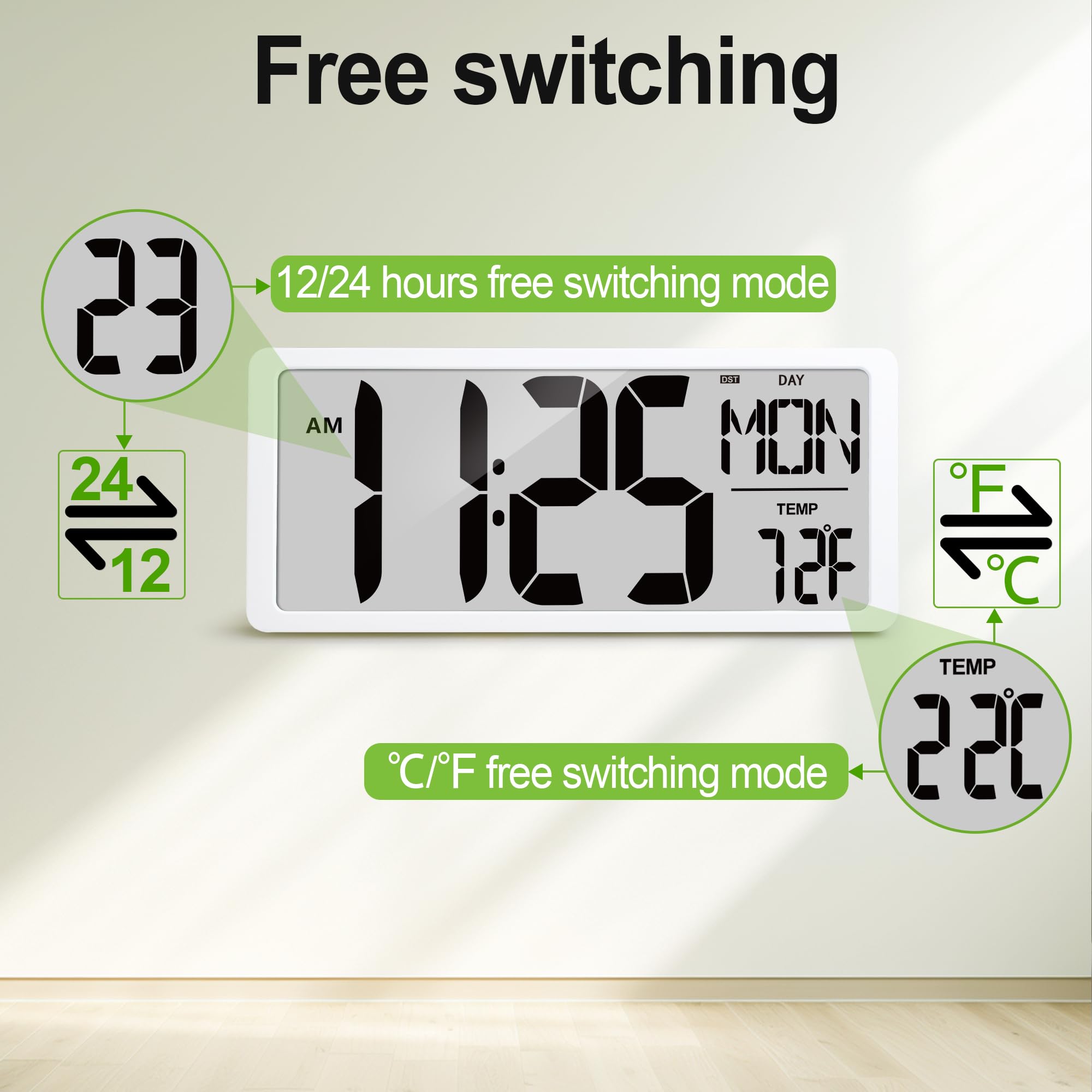 Extra große digitale Wanduhr, batteriebetrieben, mit Uhrzeit/Kalender/Temperatur, Jumbo-LCD-Display, Countup-Down-Timer, Wecker für Zuhause, Büro, Schlafzimmer (Batterien im Lieferumfang
