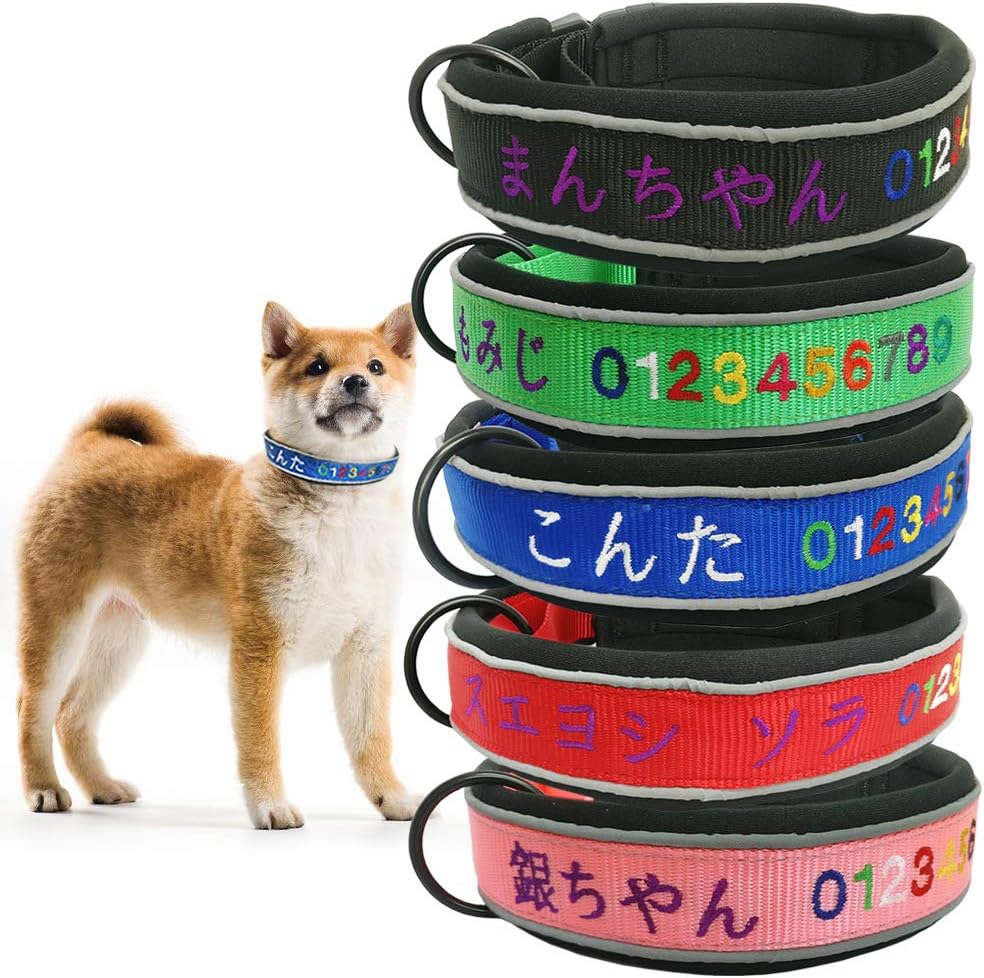 犬 日本未発売 首輪 迷子札 名前刺繍首輪 刺繍ネーム首輪 名札 Idタグカスタム オーダーメイド 名入れ 中型犬 大型犬 ペット用品 ダブル反射テープ付き おしゃれ 首周り調節可能