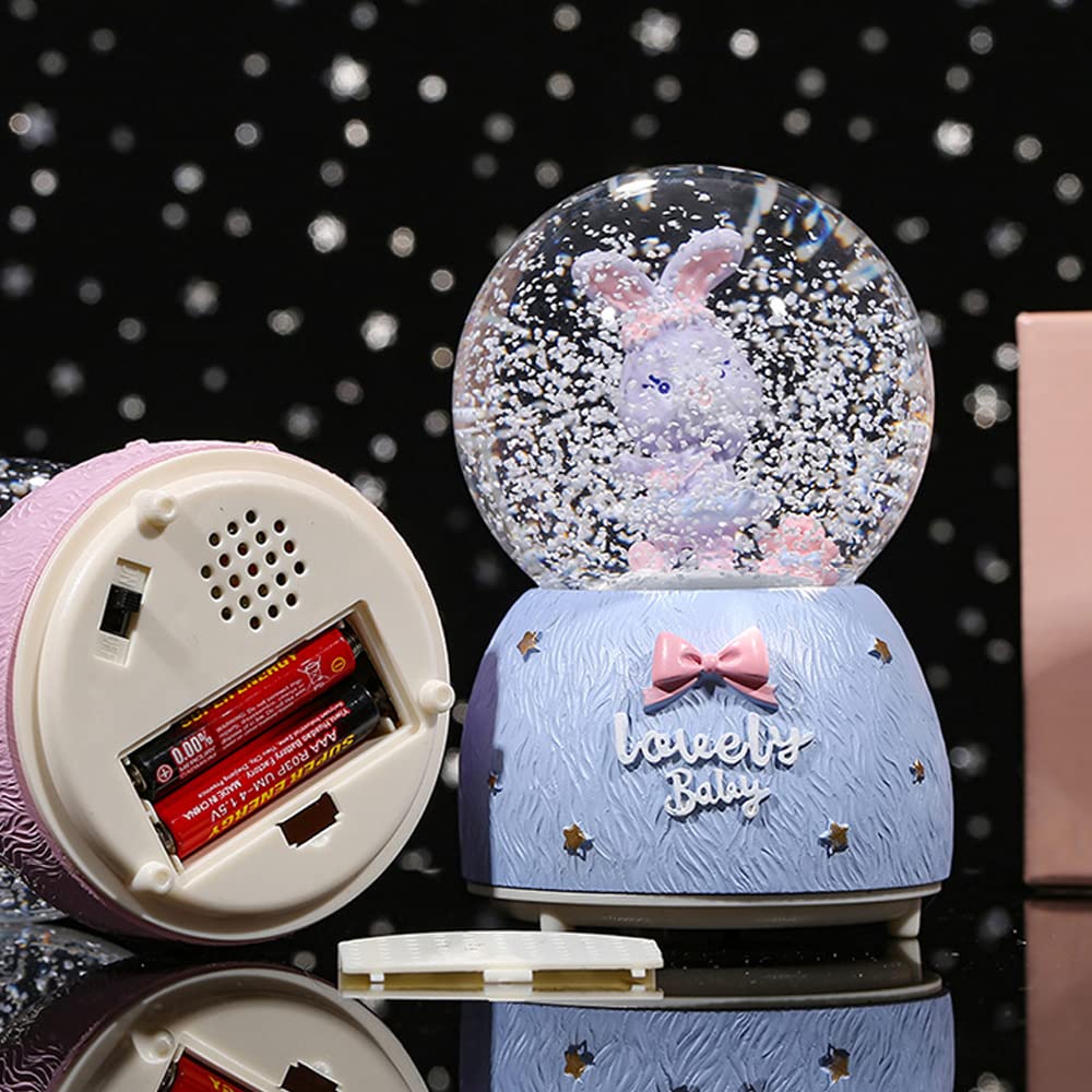 Bunny Snow Globe With Music & LED Lights - 80mm, Color Changing, Nursery Decor Gift (Blue)