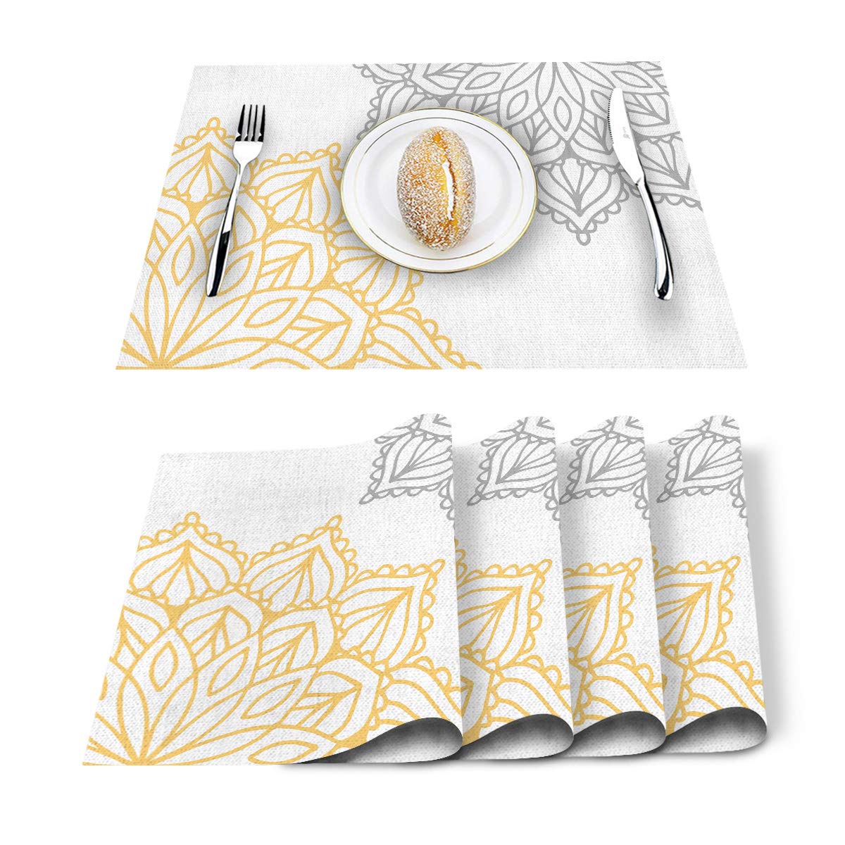 Elegant Dahlia Flowers Yellow Grey Placemats Set of 6, Cotton Linen Heat Resistant Table Mats Non-Slip Washable Placemat f...
