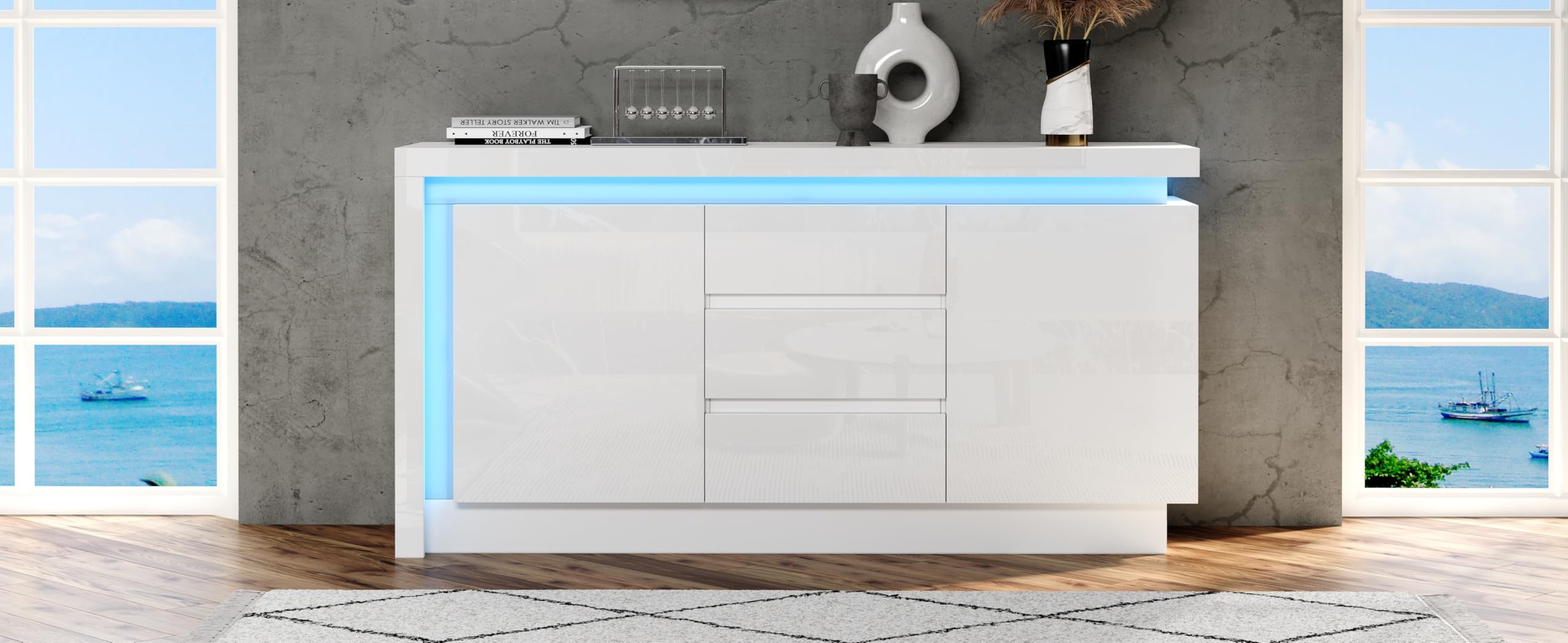 BTM 140x35x72cm Sideboard,Kommode für das Schlafzimmer, Wohnzimmer,Beistelltisch mit 3 Schubladen,Schrank mit verstellbaren Einlegeböden und 2 Türen, Hochglanz Sofa Beistellschrank mit LED, Weiß