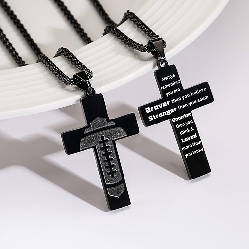 Miniatura 3 de Collar de cruz de fútbol para niños y hombres, colgante de versículo de la Biblia de acero inoxidable con cadena de 20 + 2 pulgadas, primera